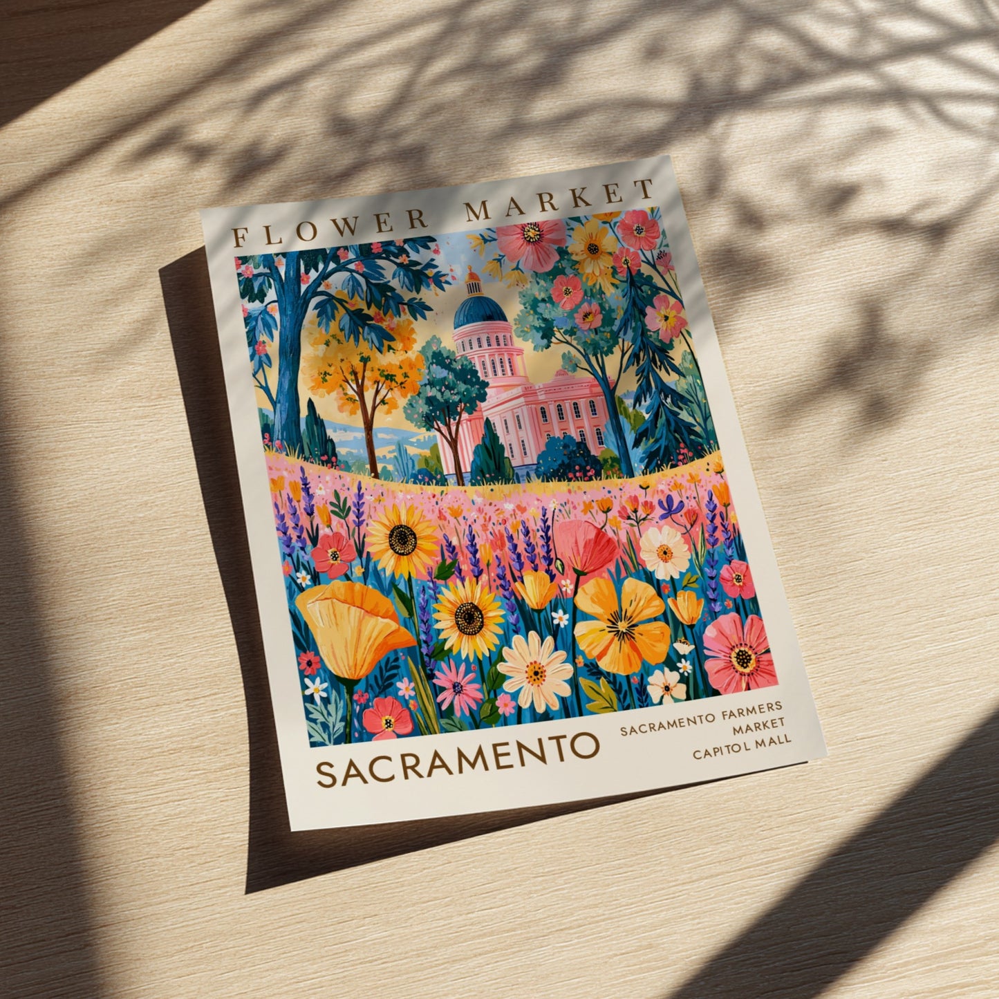 Flower market poster showcasing vibrant wildflowers and Sacramento cityscape in bright colors