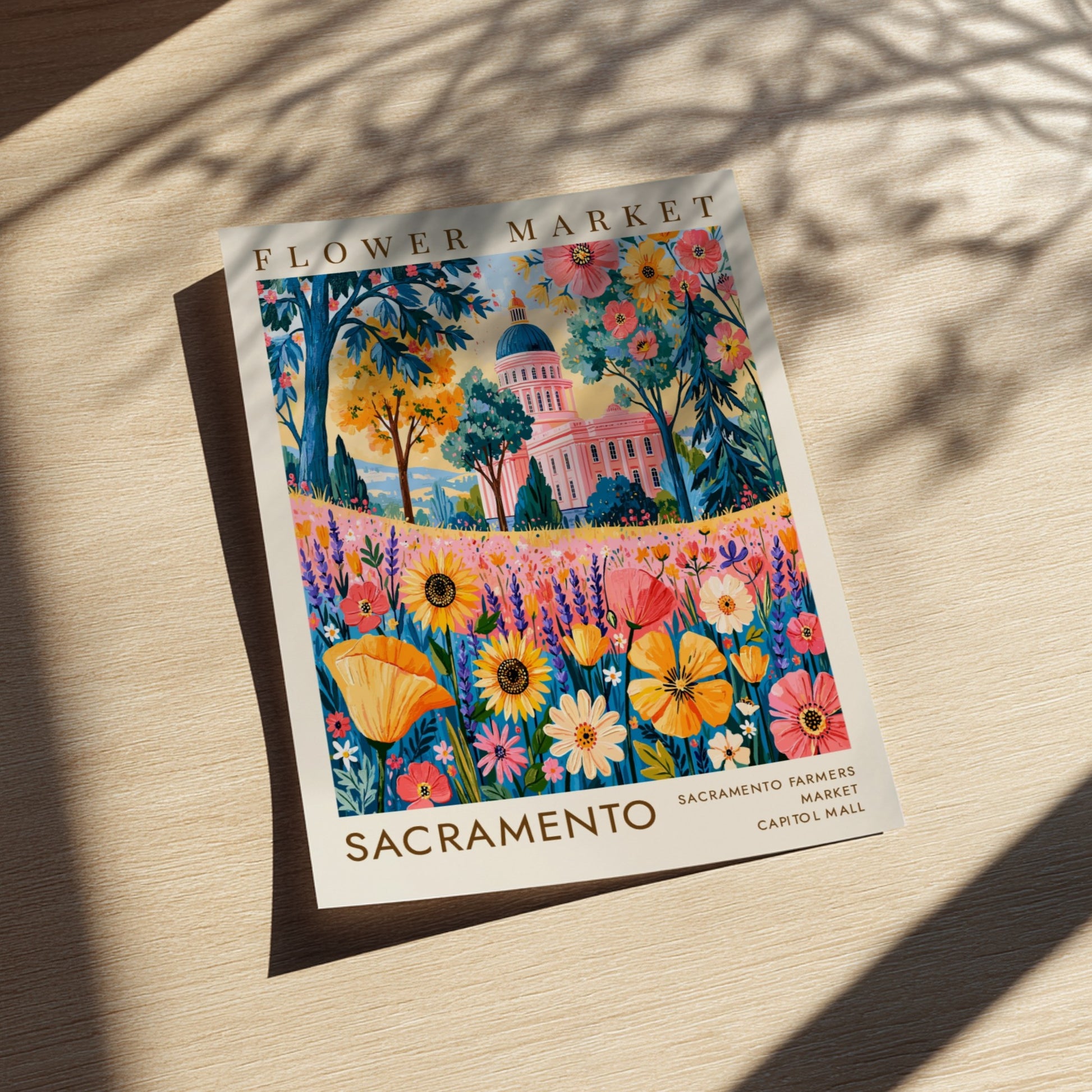 Flower market poster showcasing vibrant wildflowers and Sacramento cityscape in bright colors