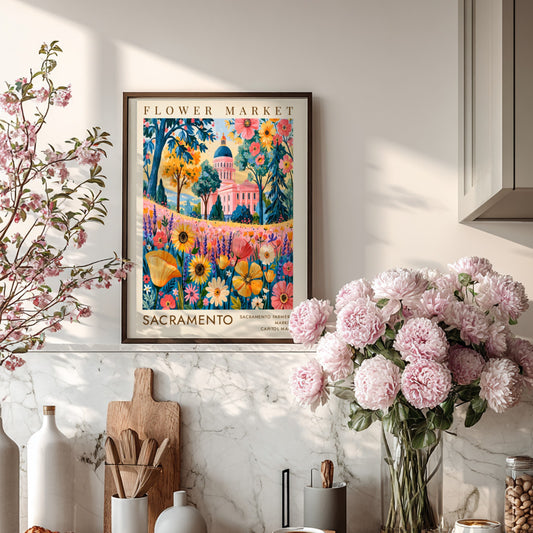Flower market poster showcasing vibrant wildflowers and Sacramento cityscape in bright colors