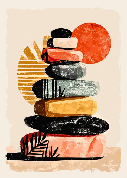 Stack of stylized stones with abstract shapes on a beige background