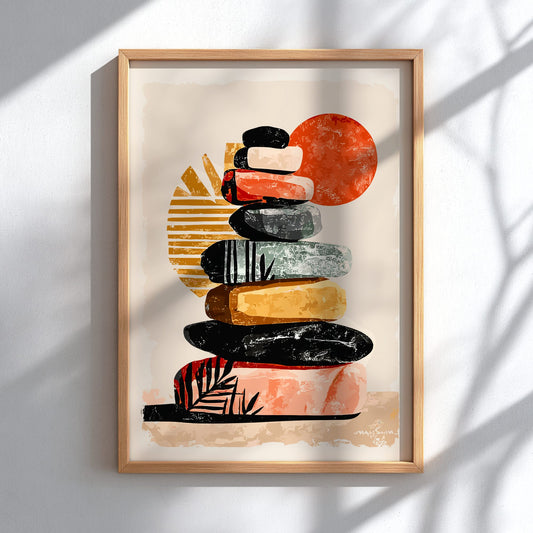 Framed abstract art print of stacked stones on a white wall