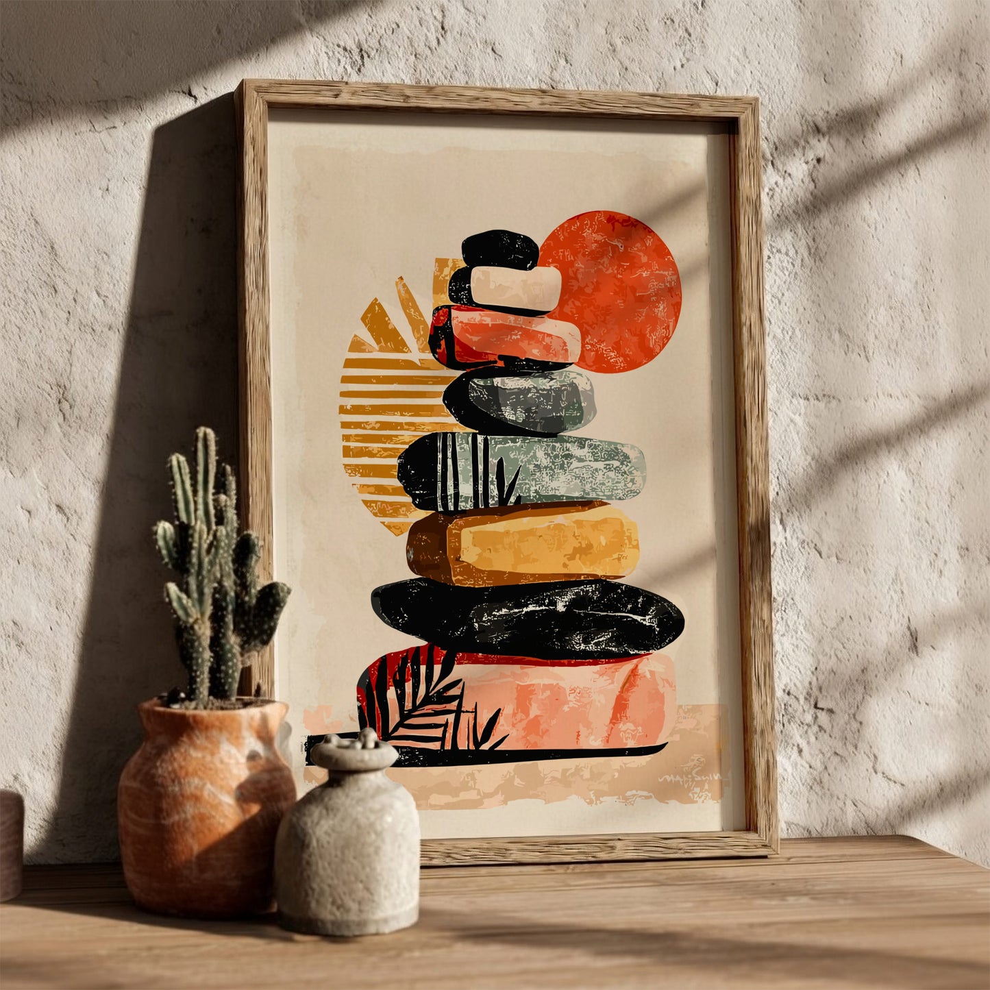 Framed abstract art print of stacked stones on a textured wall with decor items.