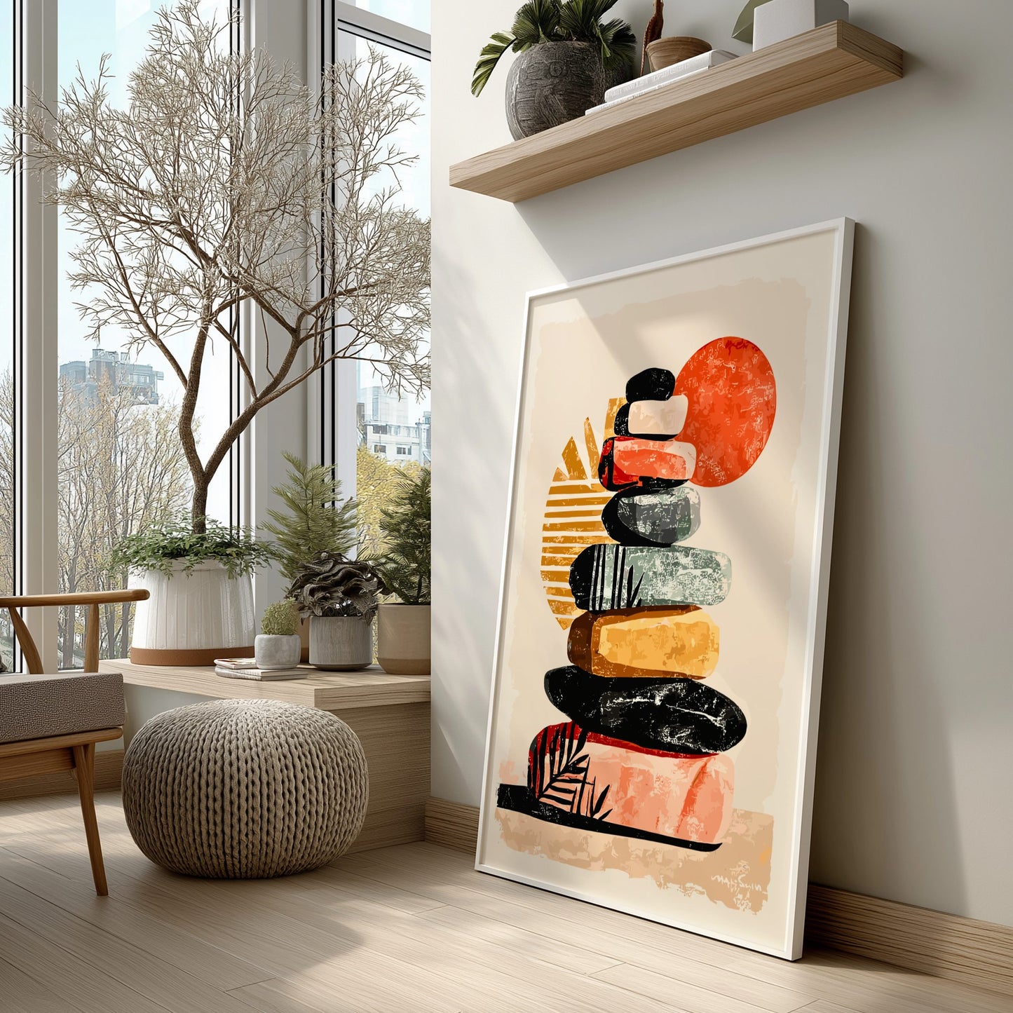 Colorful abstract art print on a wall in a modern living room with plants and a window.