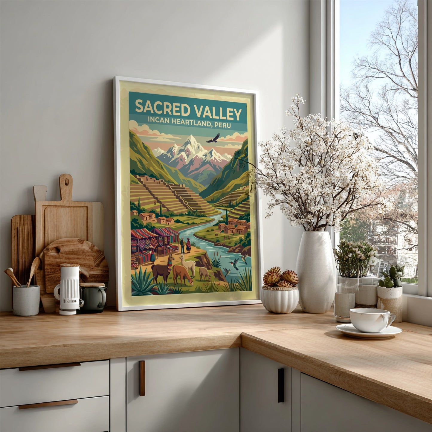 Travel poster of Sacred Valley featuring Incan terraces, llamas, and snowy mountain peaks.