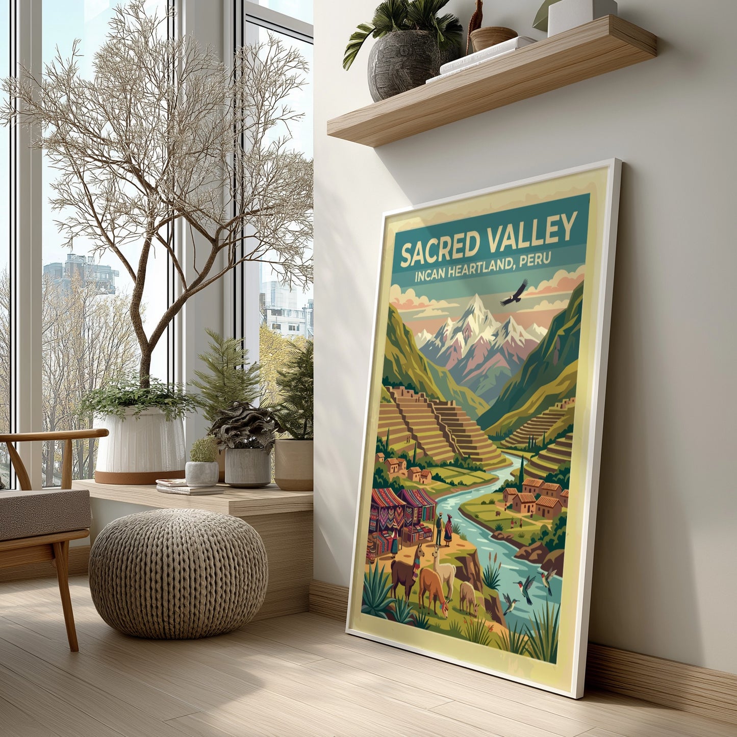 Travel poster of Sacred Valley featuring Incan terraces, llamas, and snowy mountain peaks.
