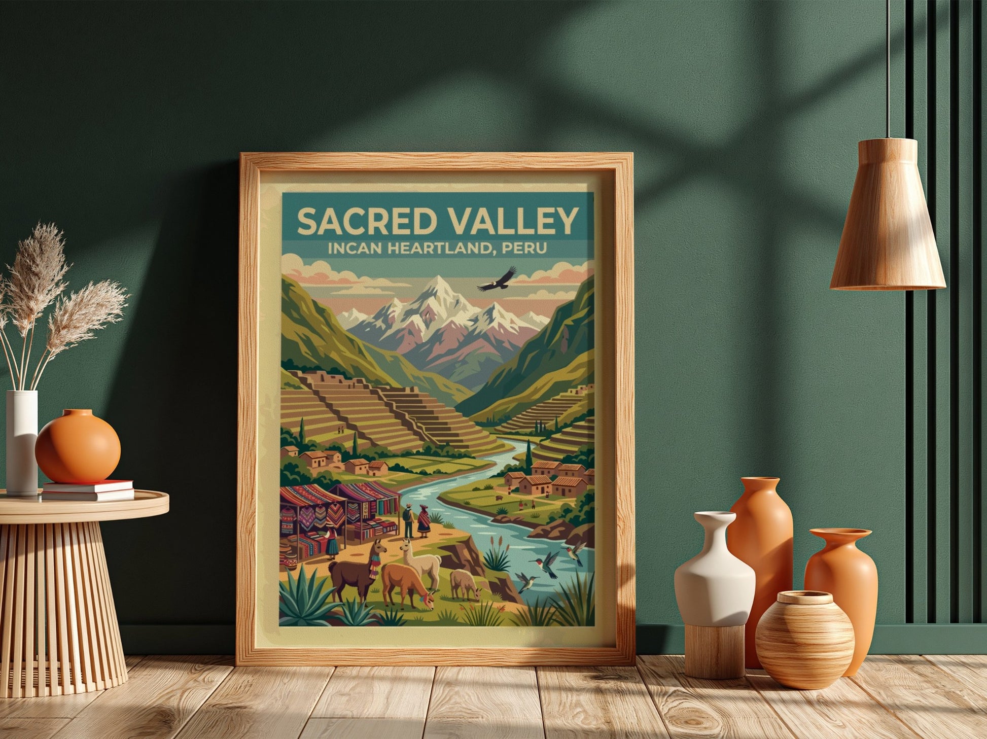 Travel poster of Sacred Valley featuring Incan terraces, llamas, and snowy mountain peaks.
