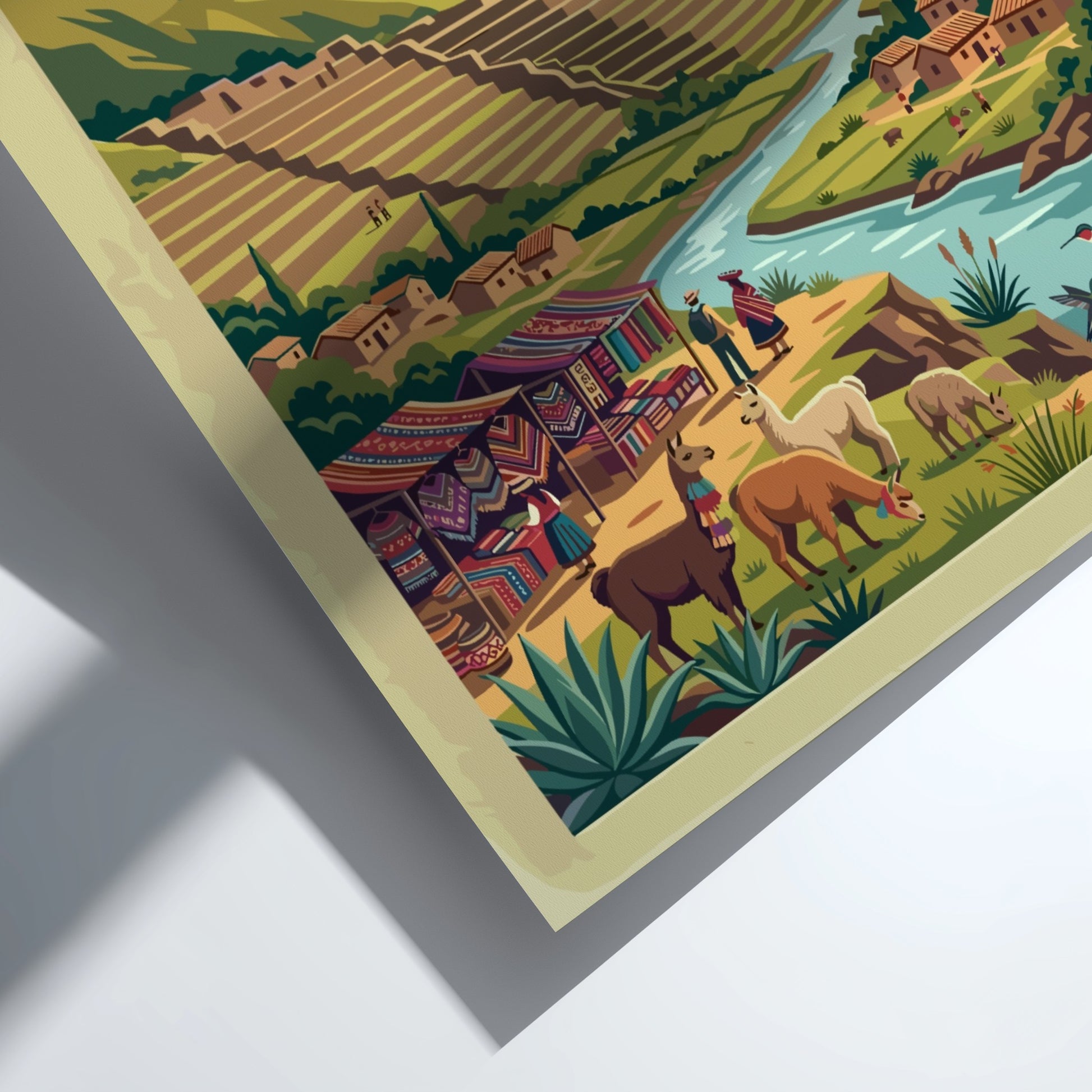 Travel poster of Sacred Valley featuring Incan terraces, llamas, and snowy mountain peaks.