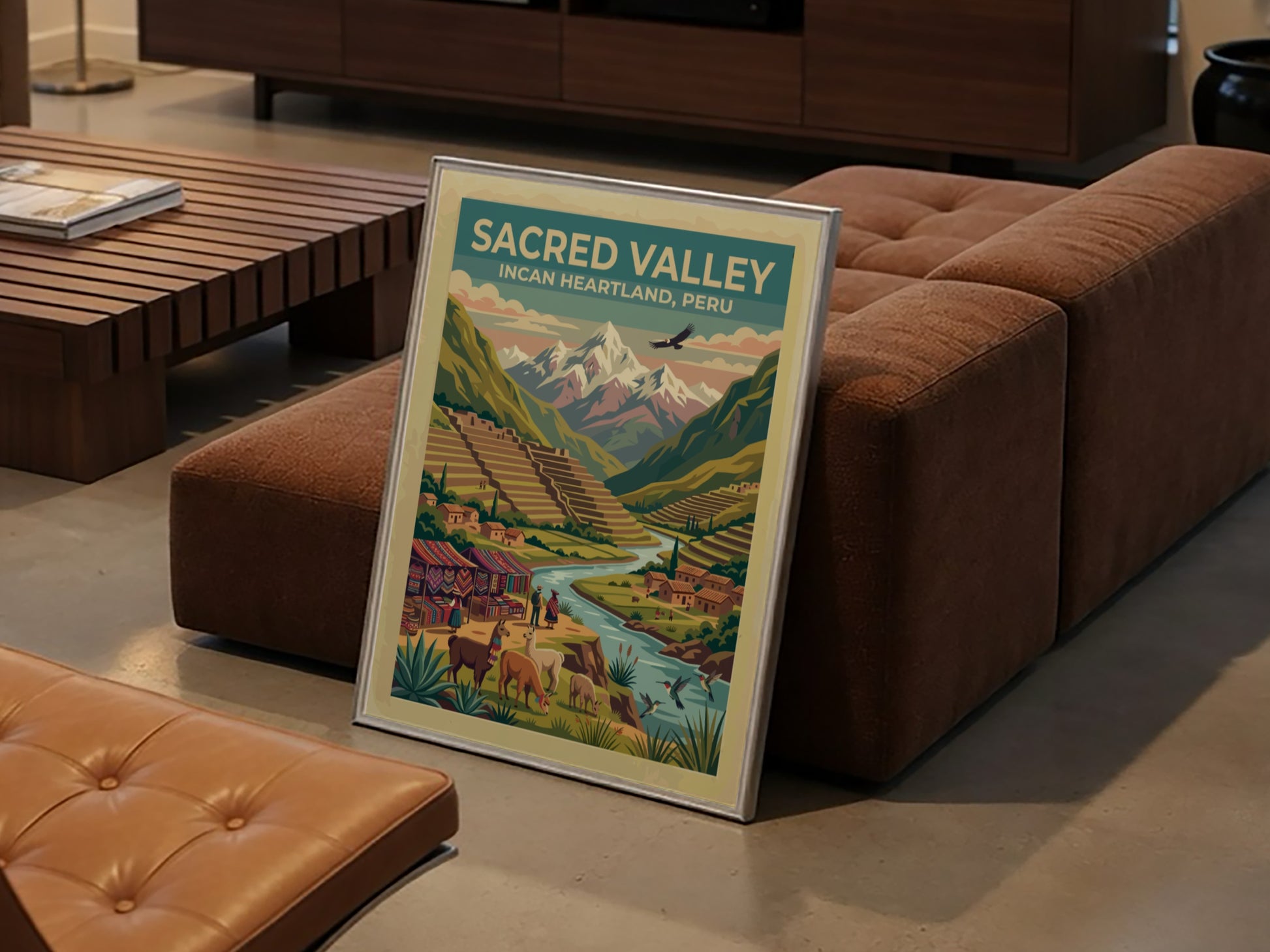 Travel poster of Sacred Valley featuring Incan terraces, llamas, and snowy mountain peaks.