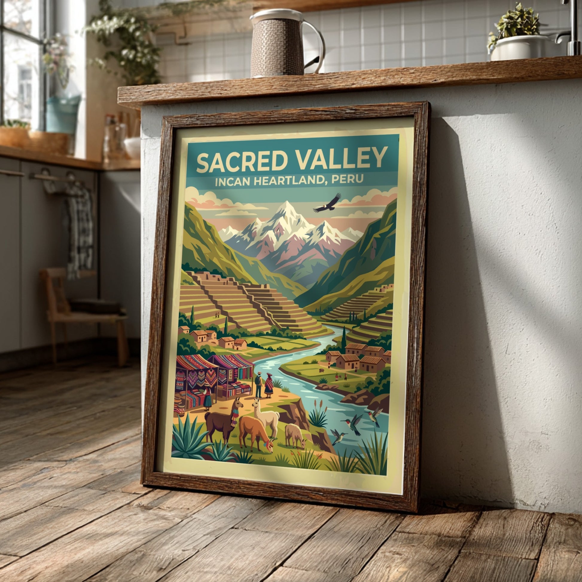 Travel poster of Sacred Valley featuring Incan terraces, llamas, and snowy mountain peaks.