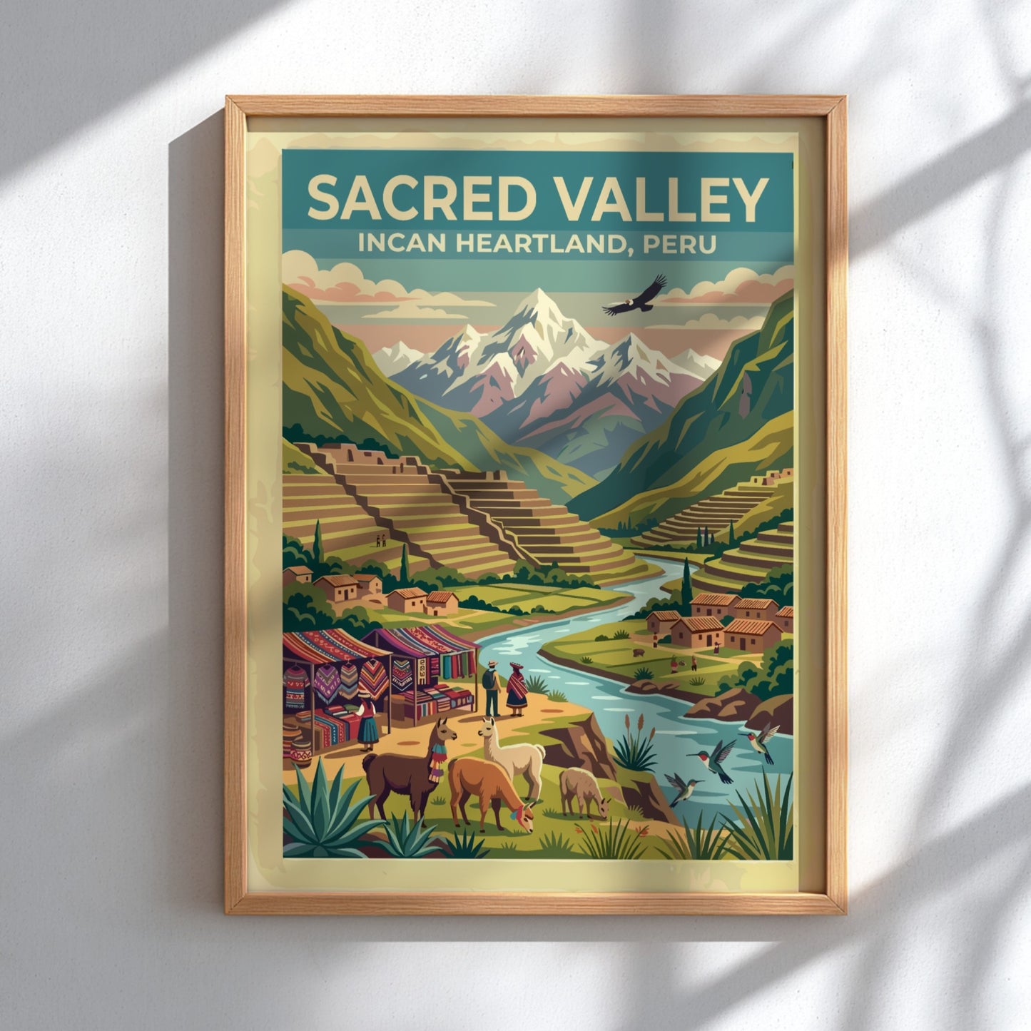 Travel poster of Sacred Valley featuring Incan terraces, llamas, and snowy mountain peaks.