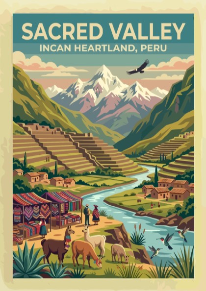 Travel poster of Sacred Valley featuring Incan terraces, llamas, and snowy mountain peaks.