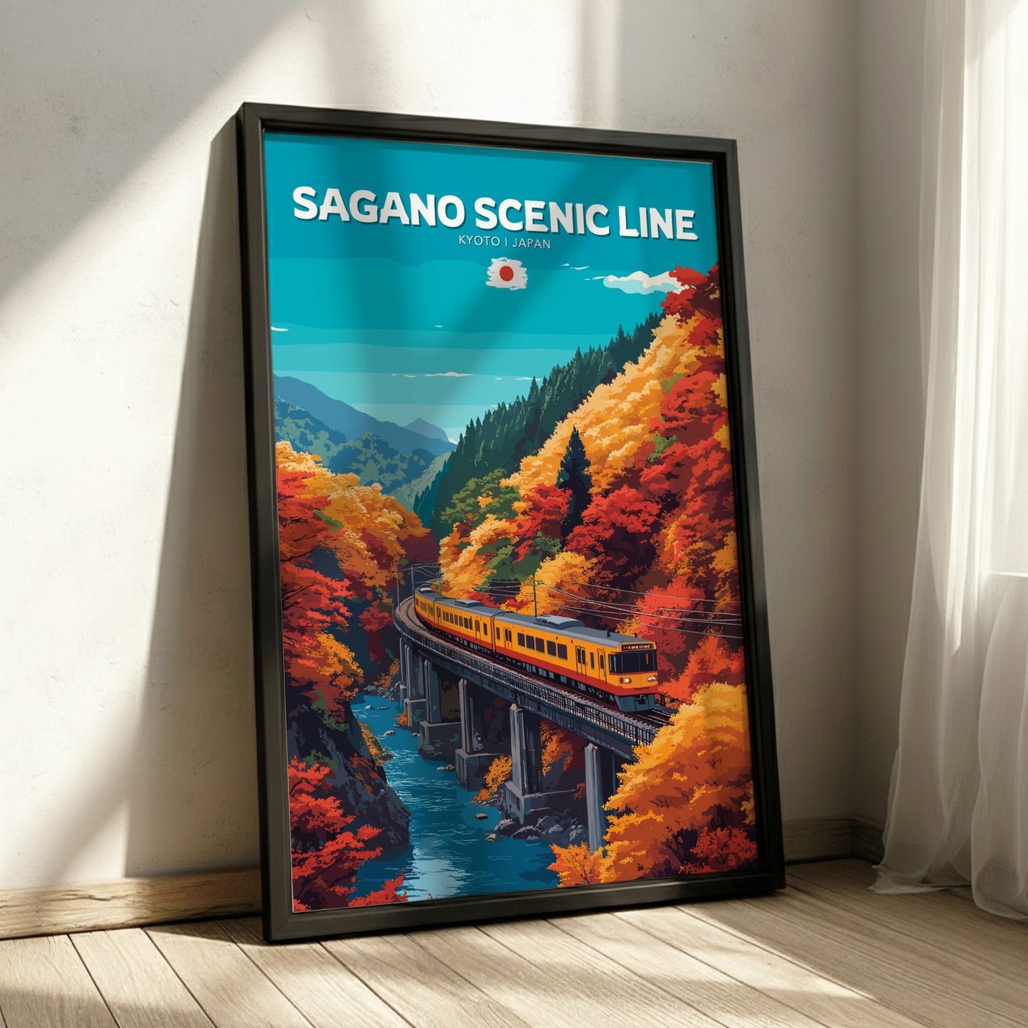 Framed poster of Sagano Scenic Line with a train and autumn foliage.