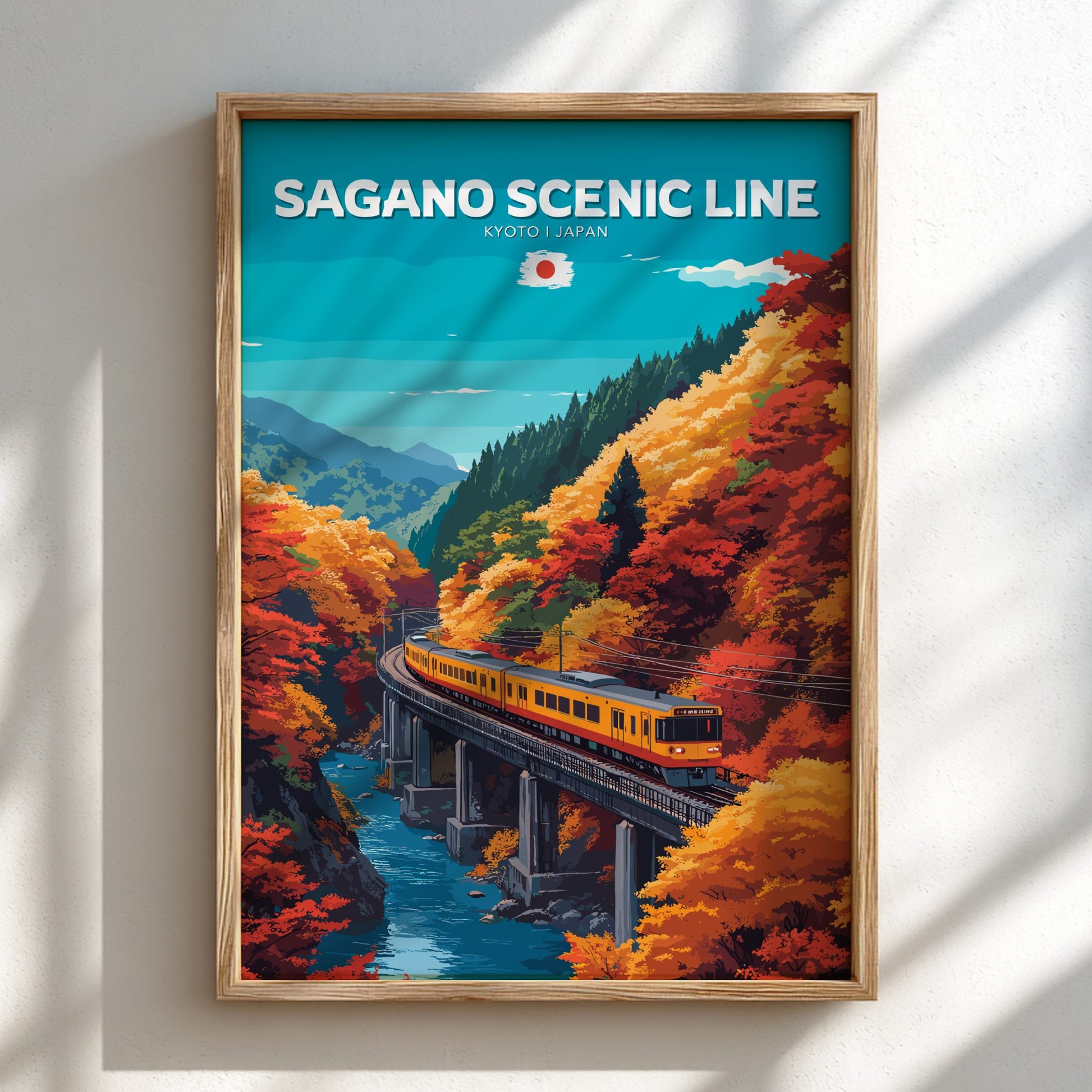 Framed poster of Sagano Scenic Line with a train in a colorful landscape.