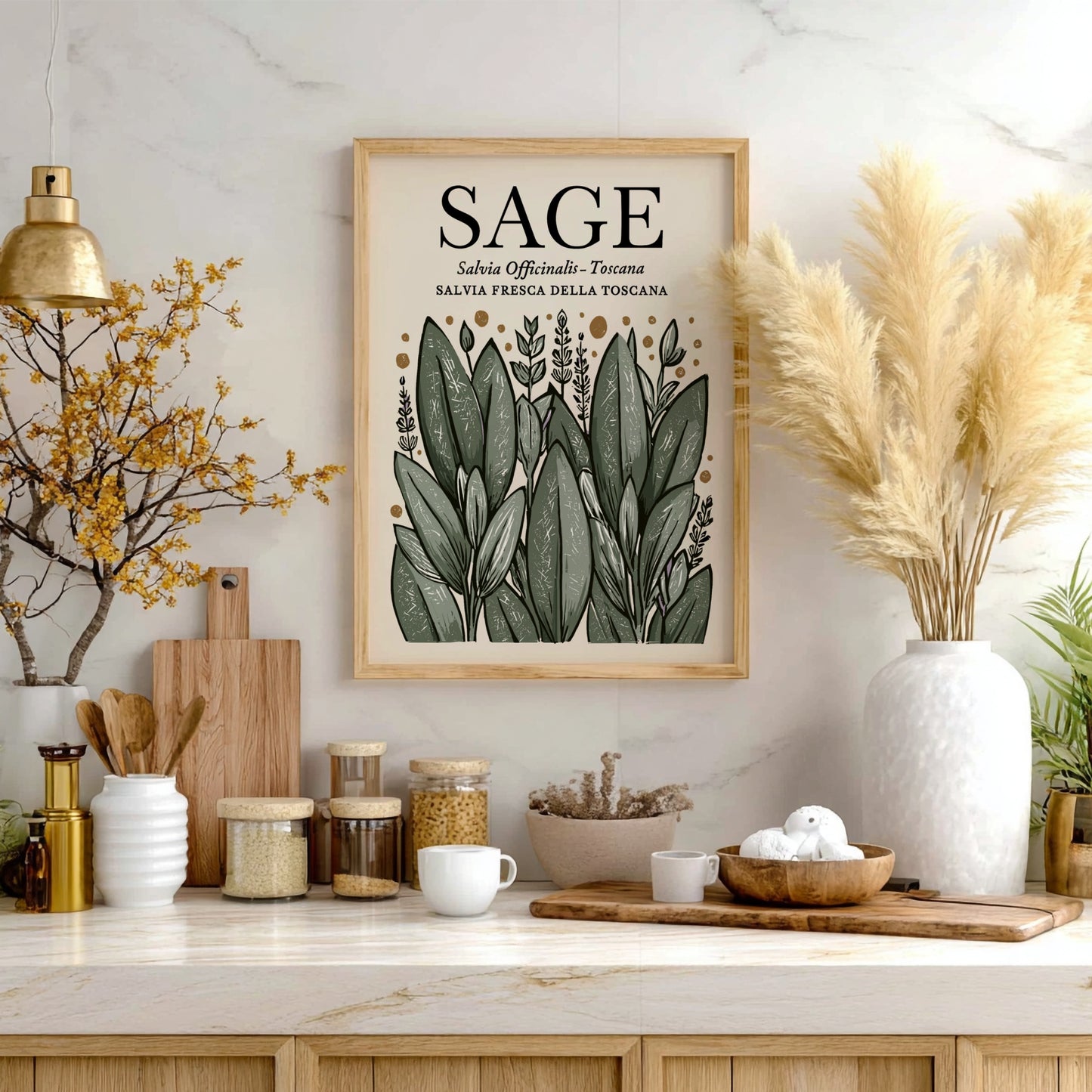 Sage kitchen poster featuring green leaves, botanical style, wall decor