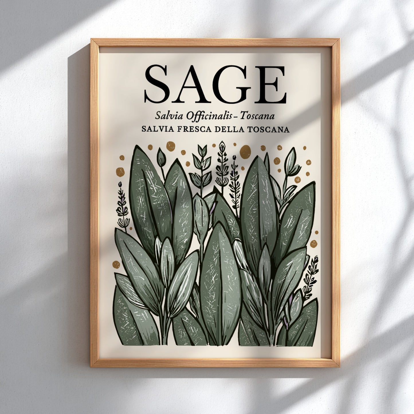 Sage kitchen poster featuring green leaves, botanical style, wall decor