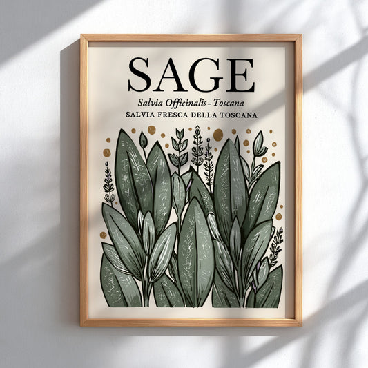 Sage kitchen poster featuring green leaves, botanical style, wall decor