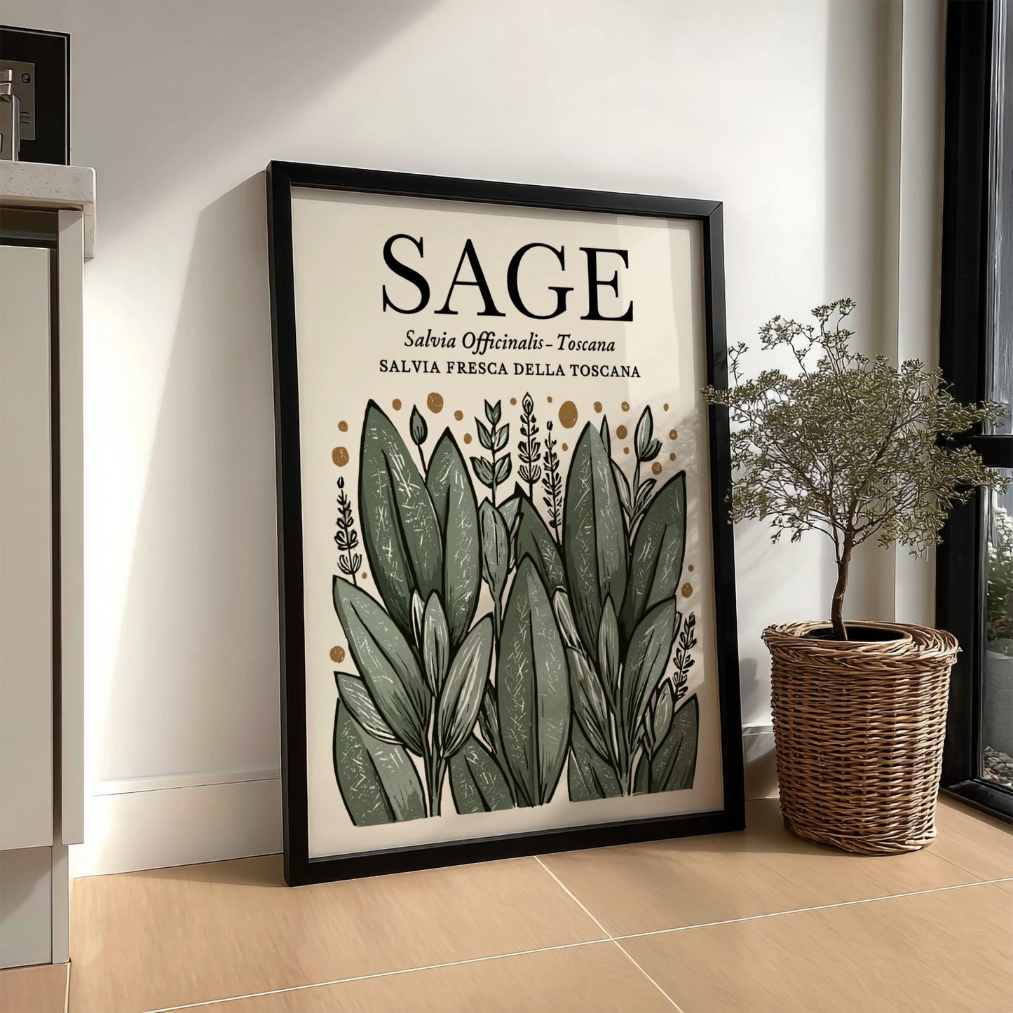 Sage kitchen poster featuring green leaves, botanical style, wall decor