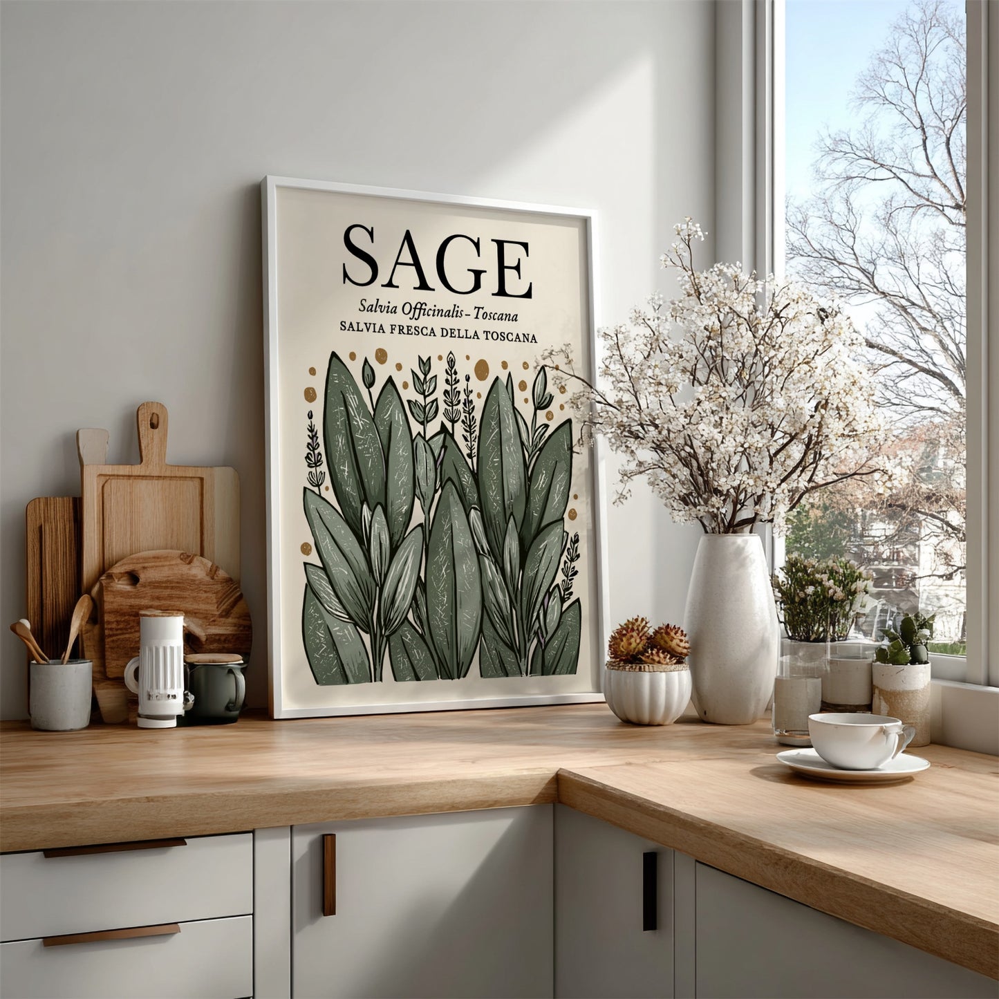 Sage kitchen poster featuring green leaves, botanical style, wall decor