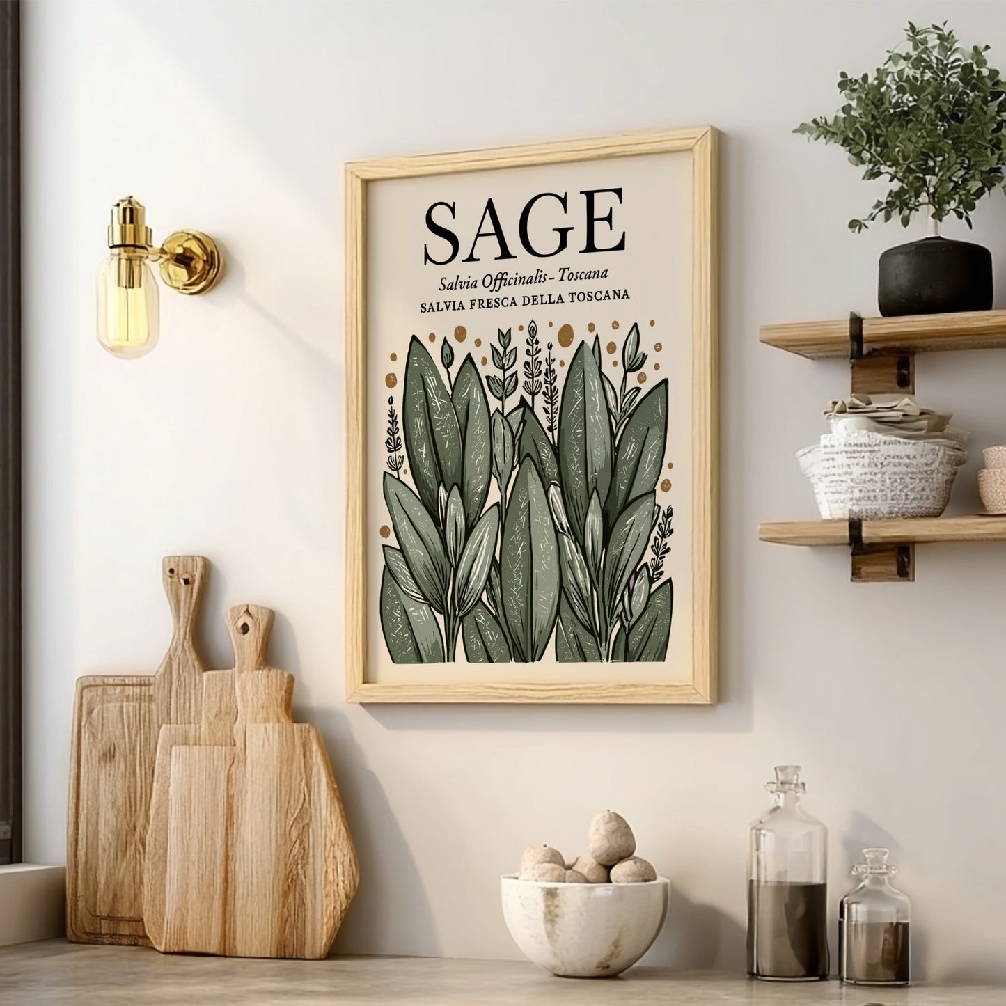 Sage kitchen poster featuring green leaves, botanical style, wall decor