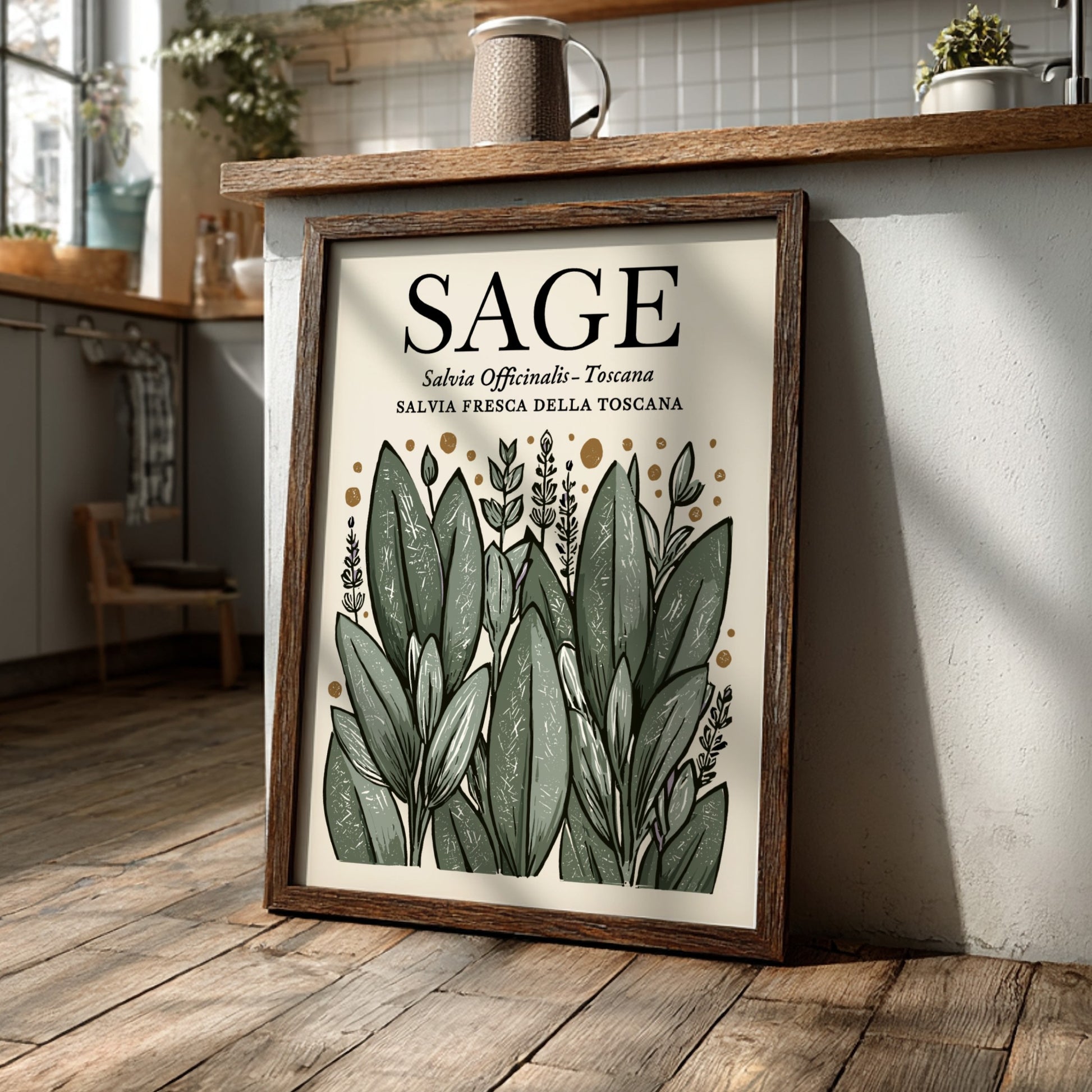 Sage kitchen poster featuring green leaves, botanical style, wall decor