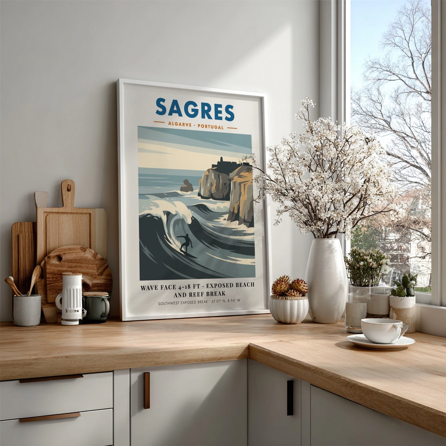 Sagres Portugal travel poster featuring a surfer on a wave by rocky cliffs.