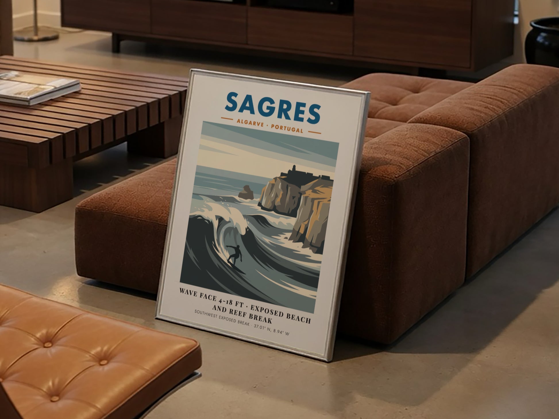 Sagres Portugal travel poster featuring a surfer on a wave by rocky cliffs.