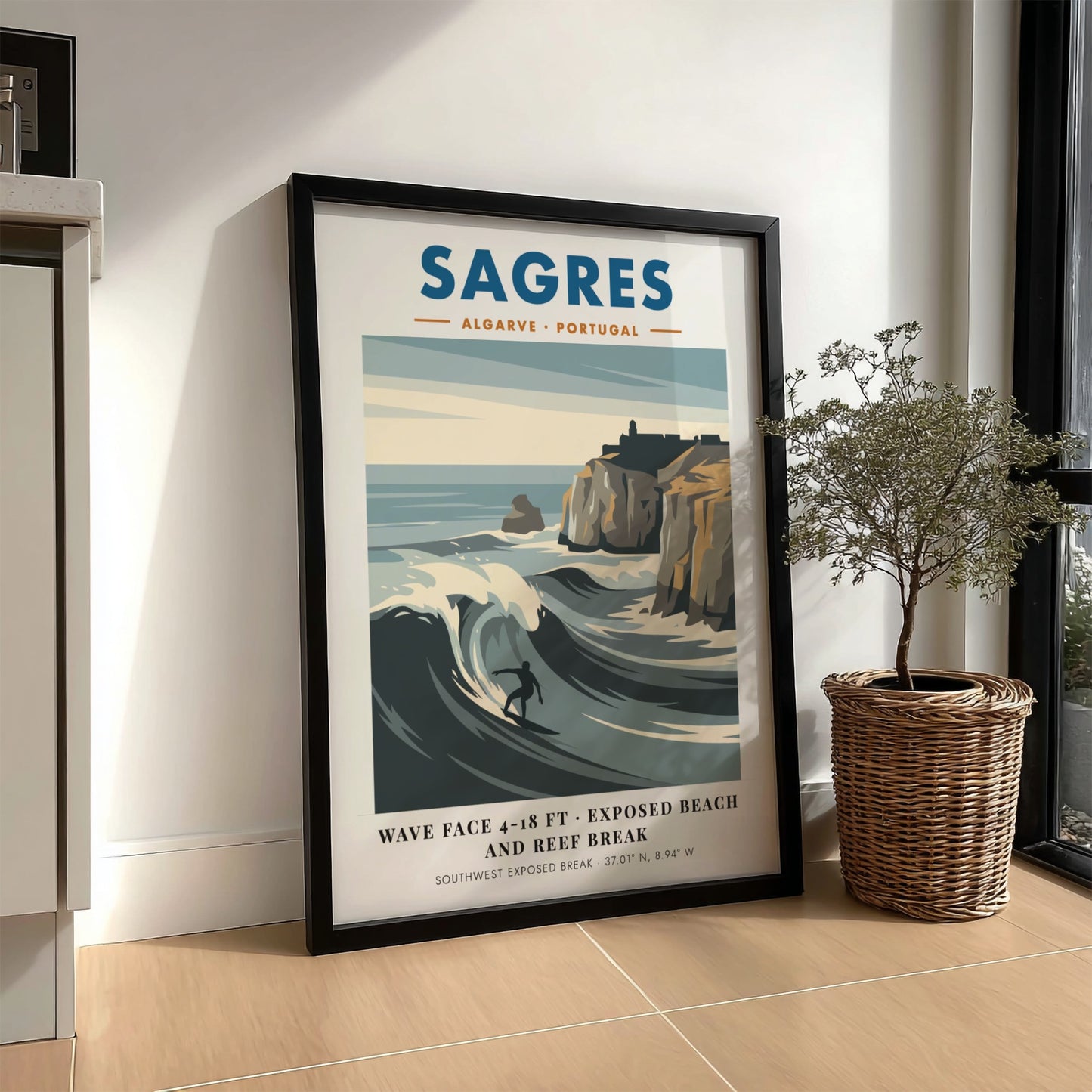 Sagres Portugal travel poster featuring a surfer on a wave by rocky cliffs.