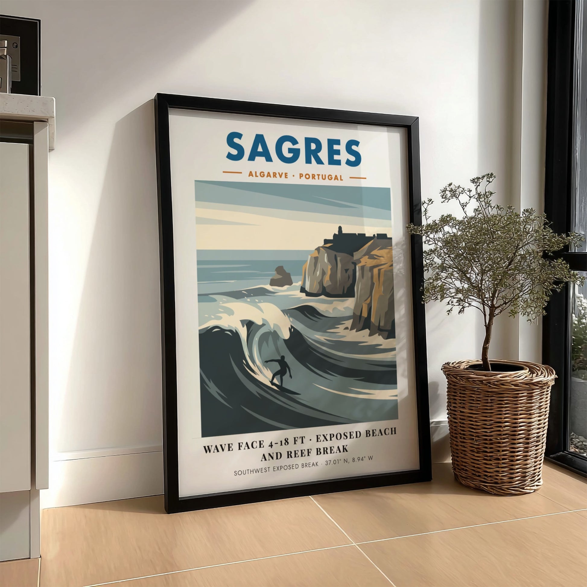 Sagres Portugal travel poster featuring a surfer on a wave by rocky cliffs.