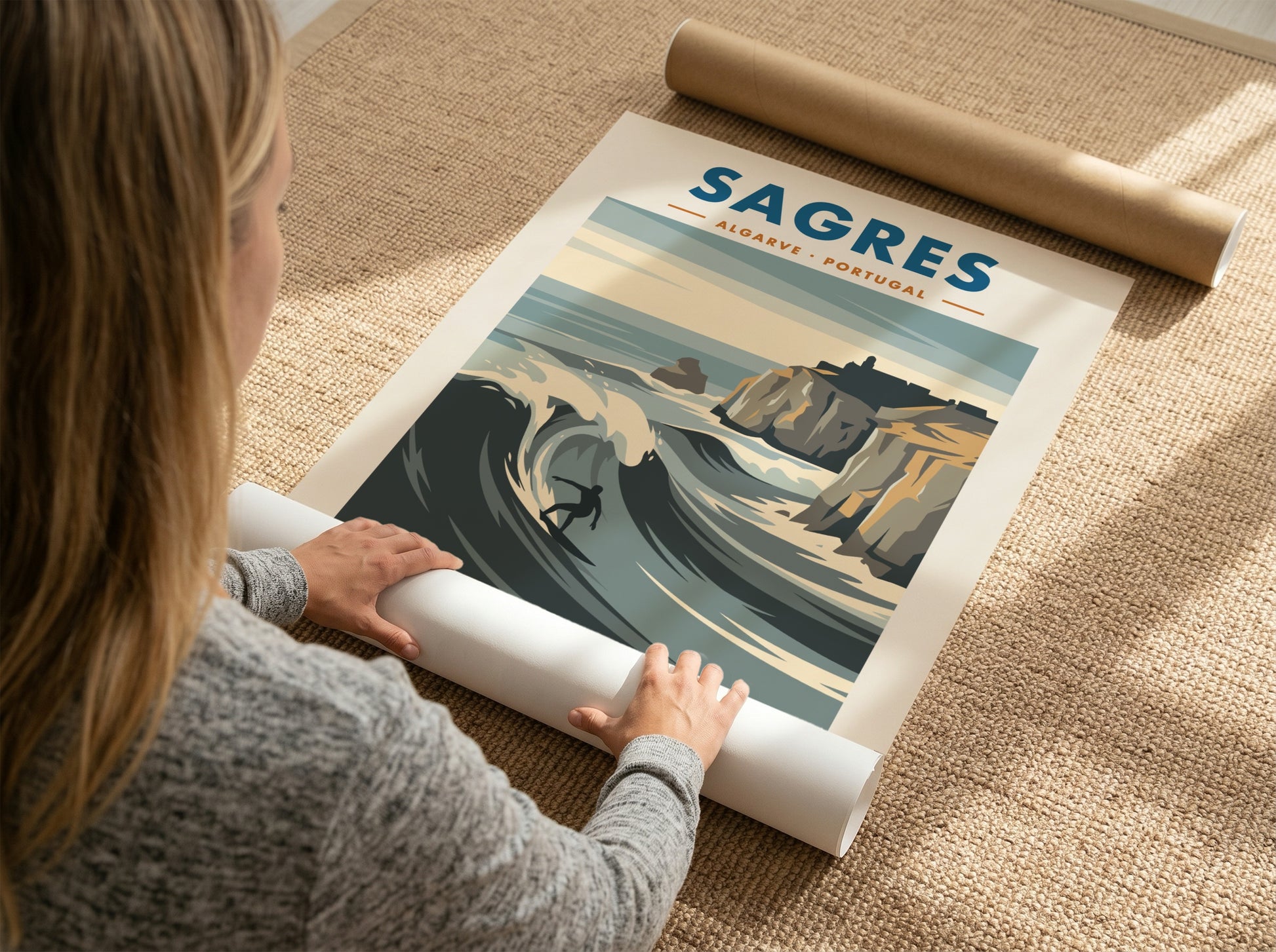 Sagres Portugal travel poster featuring a surfer on a wave by rocky cliffs.