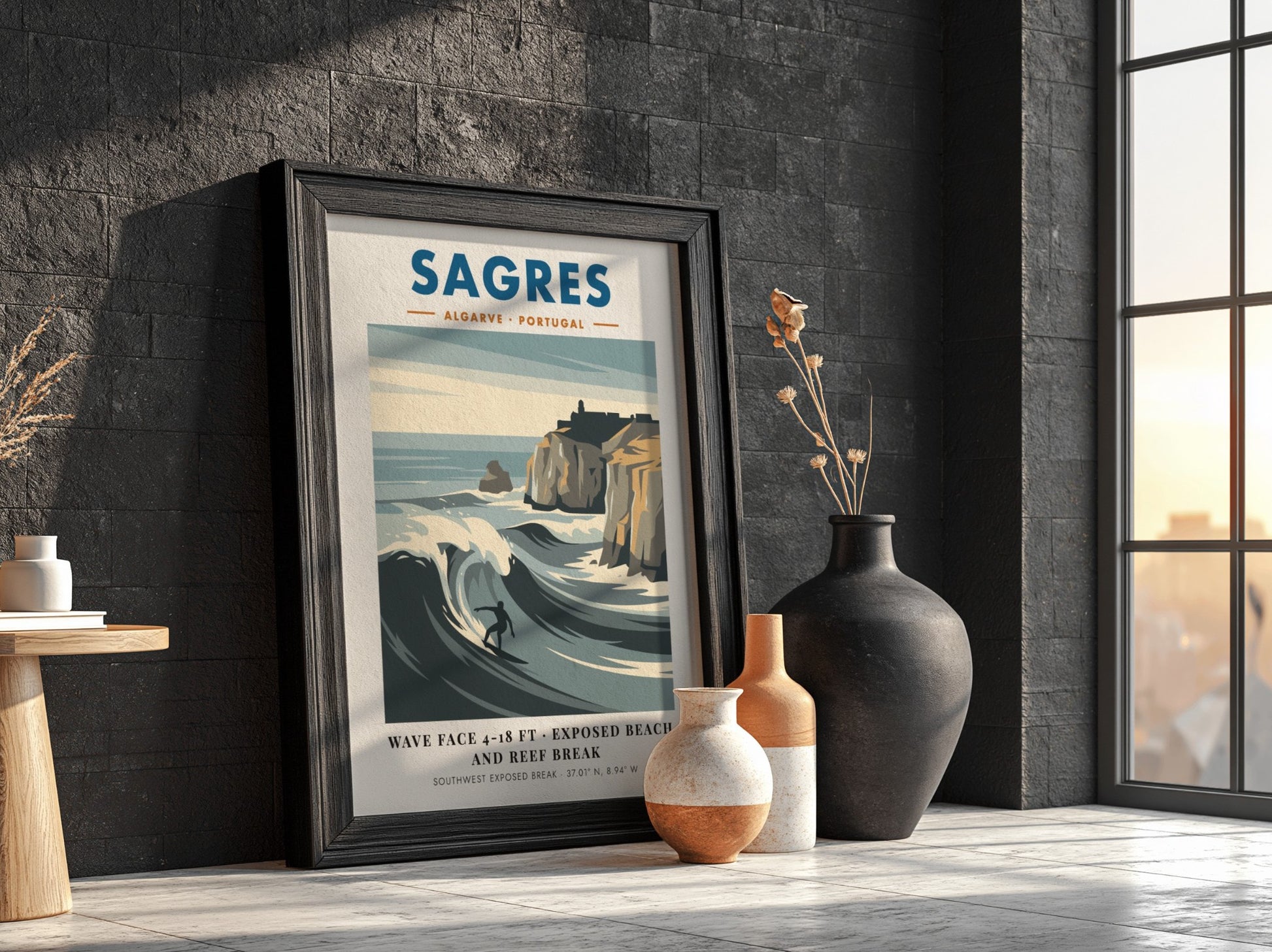 Sagres Portugal travel poster featuring a surfer on a wave by rocky cliffs.