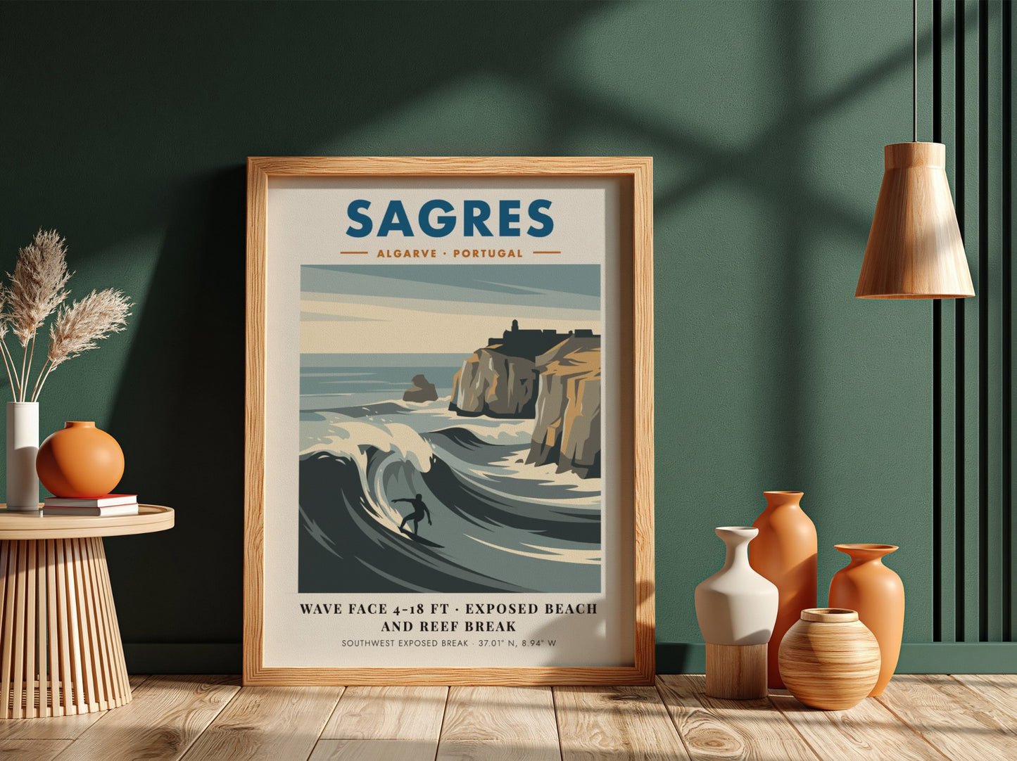Sagres Portugal travel poster featuring a surfer on a wave by rocky cliffs.