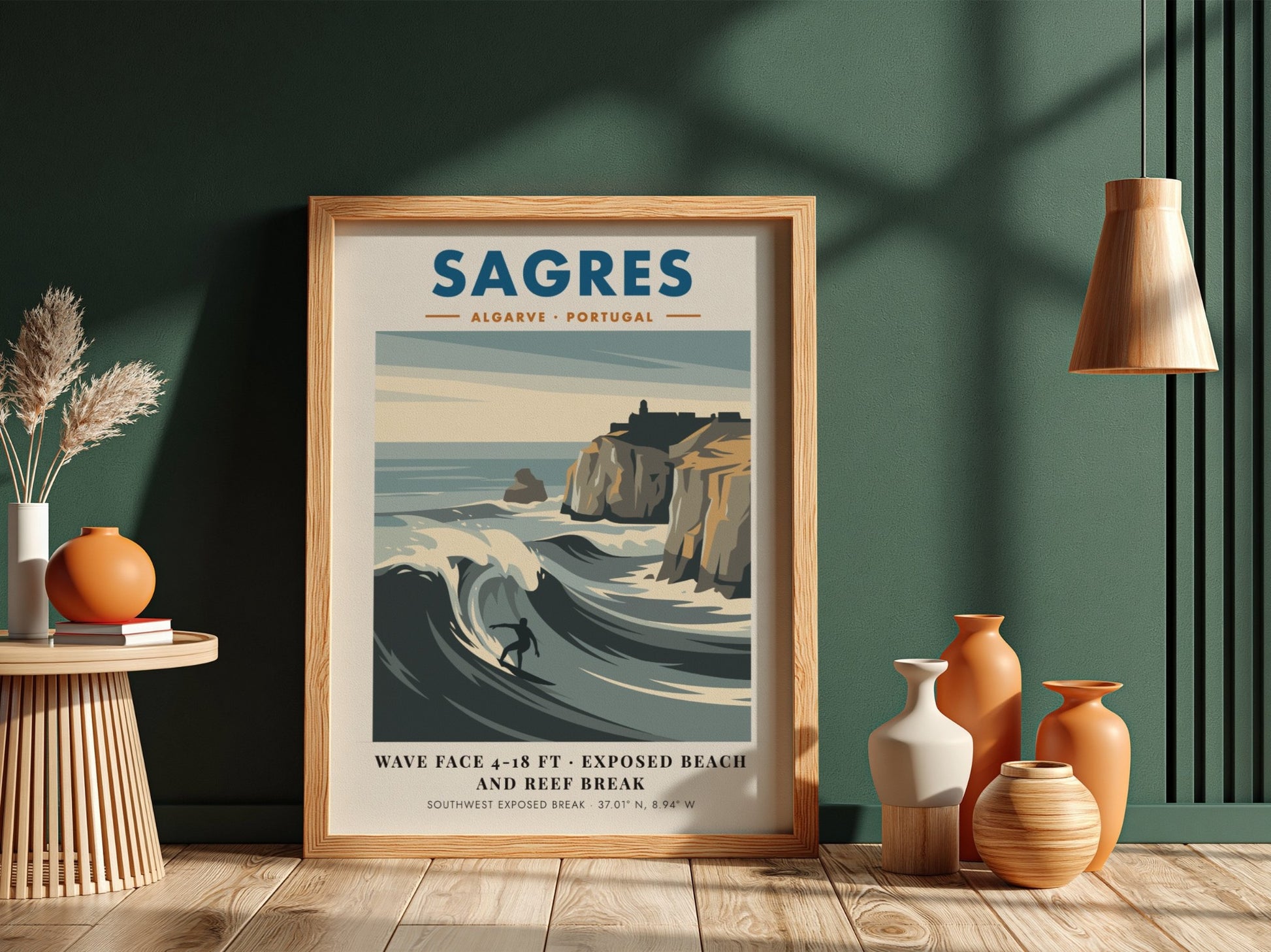 Sagres Portugal travel poster featuring a surfer on a wave by rocky cliffs.
