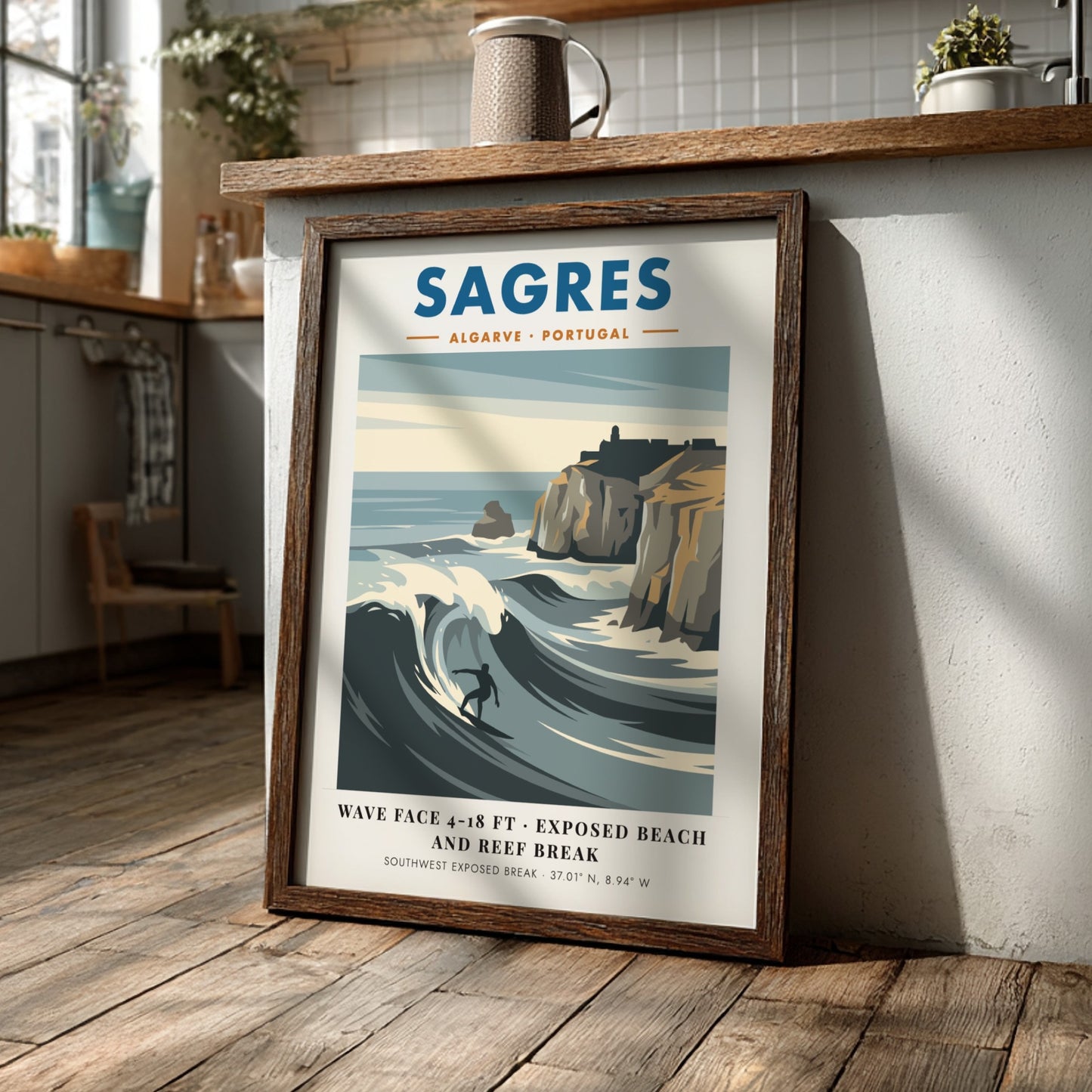 Sagres Portugal travel poster featuring a surfer on a wave by rocky cliffs.