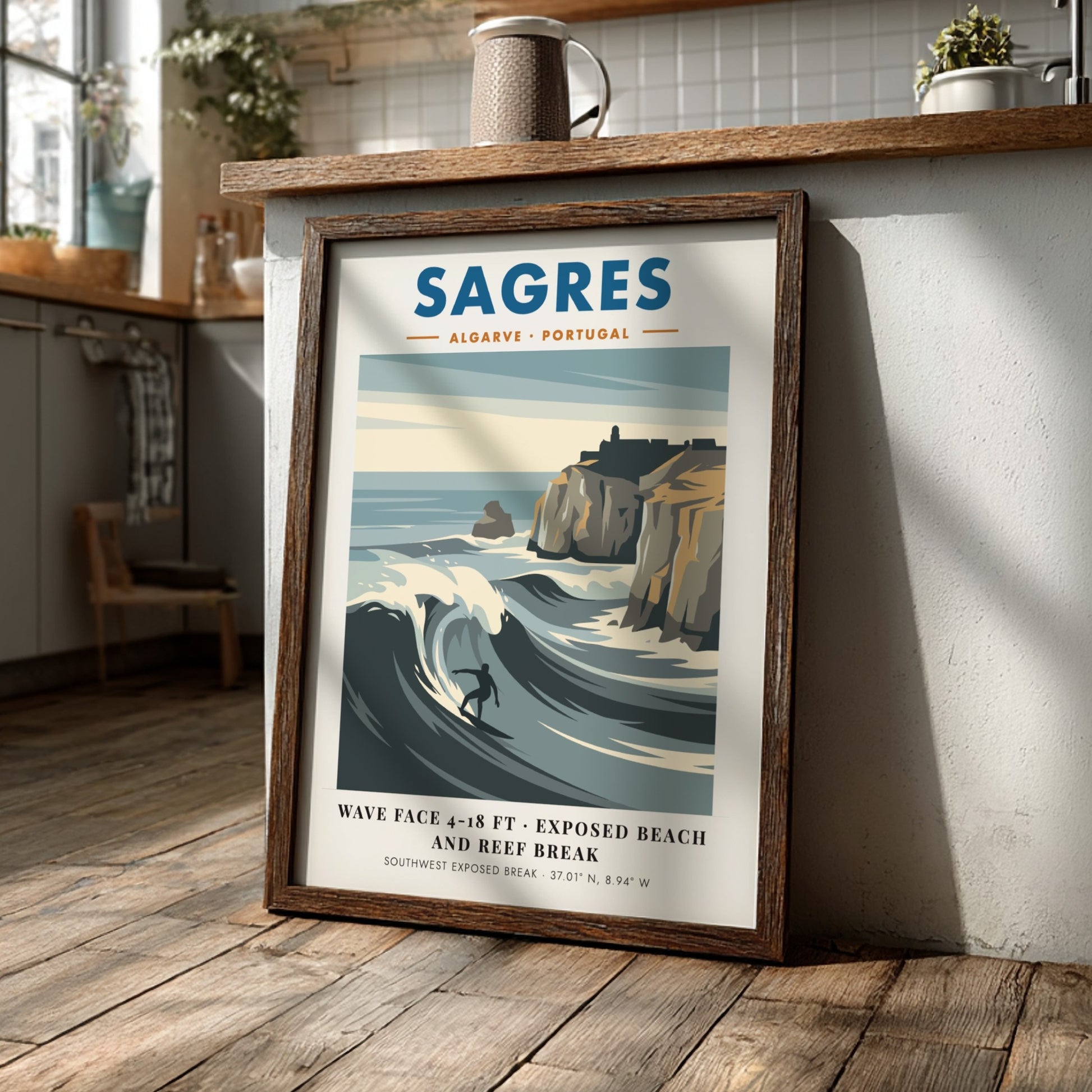 Sagres Portugal travel poster featuring a surfer on a wave by rocky cliffs.