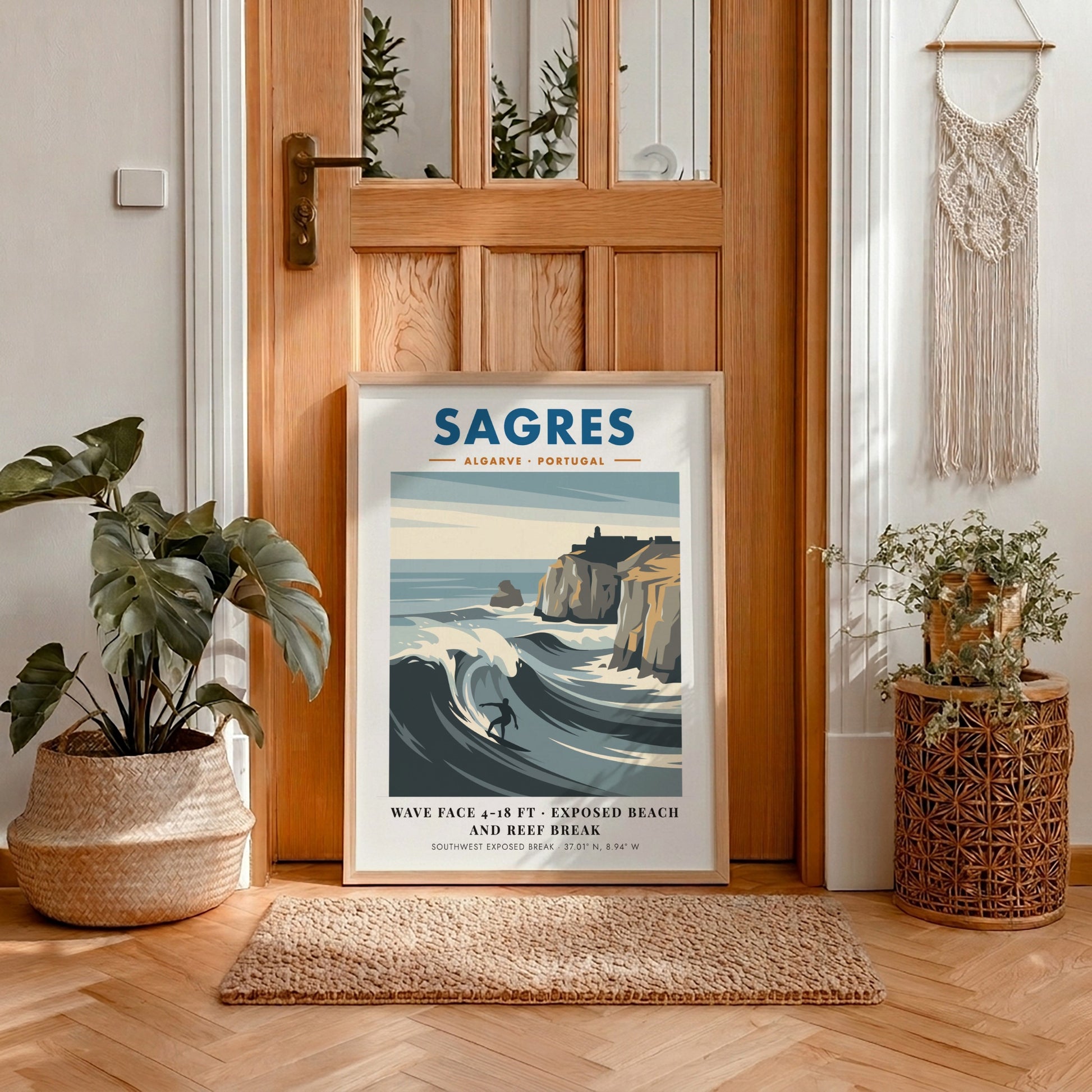 Sagres Portugal travel poster featuring a surfer on a wave by rocky cliffs.
