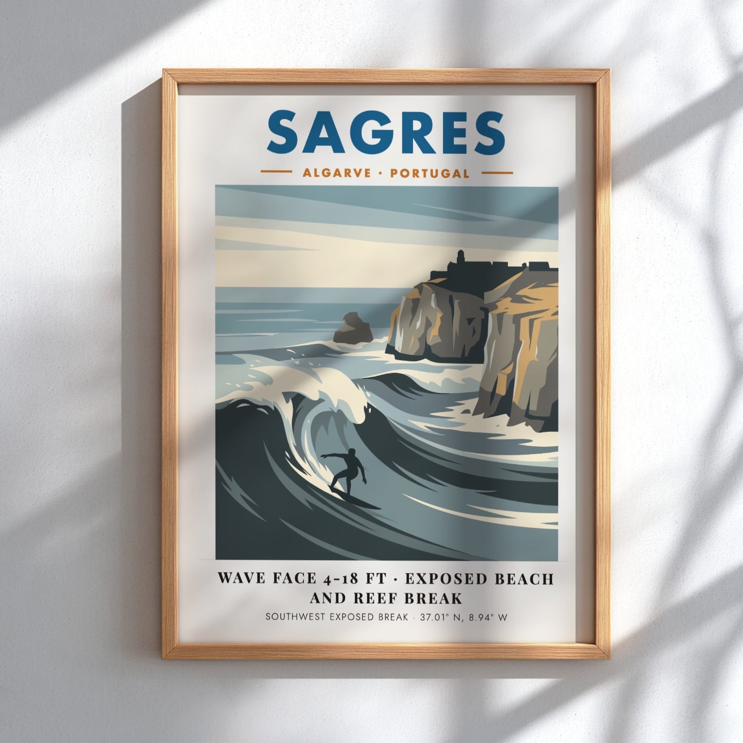 Sagres Portugal travel poster featuring a surfer on a wave by rocky cliffs.