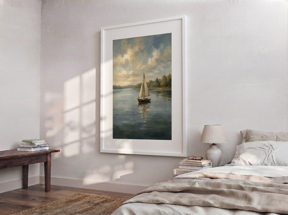 Poster featuring a sailboat drifting on a calm lake under a soft grey sky.