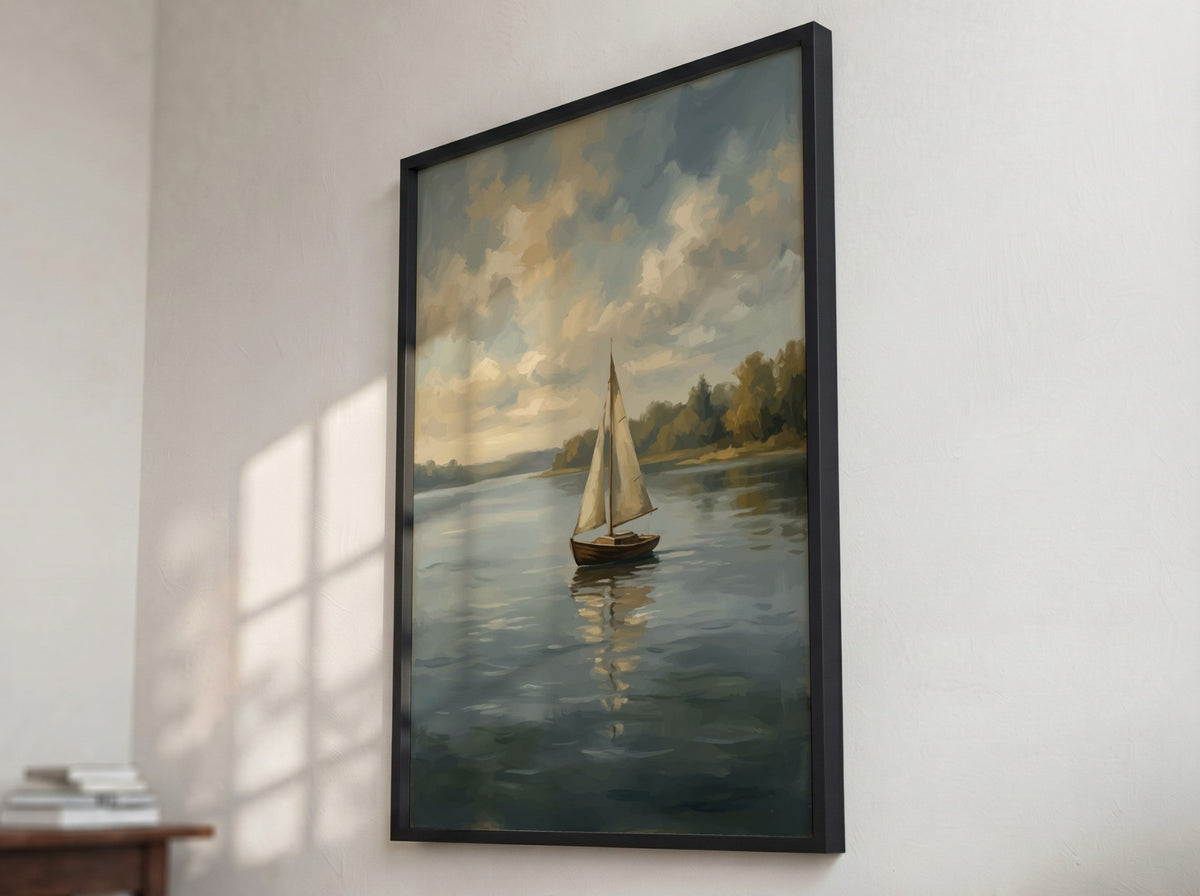 Poster featuring a sailboat drifting on a calm lake under a soft grey sky.