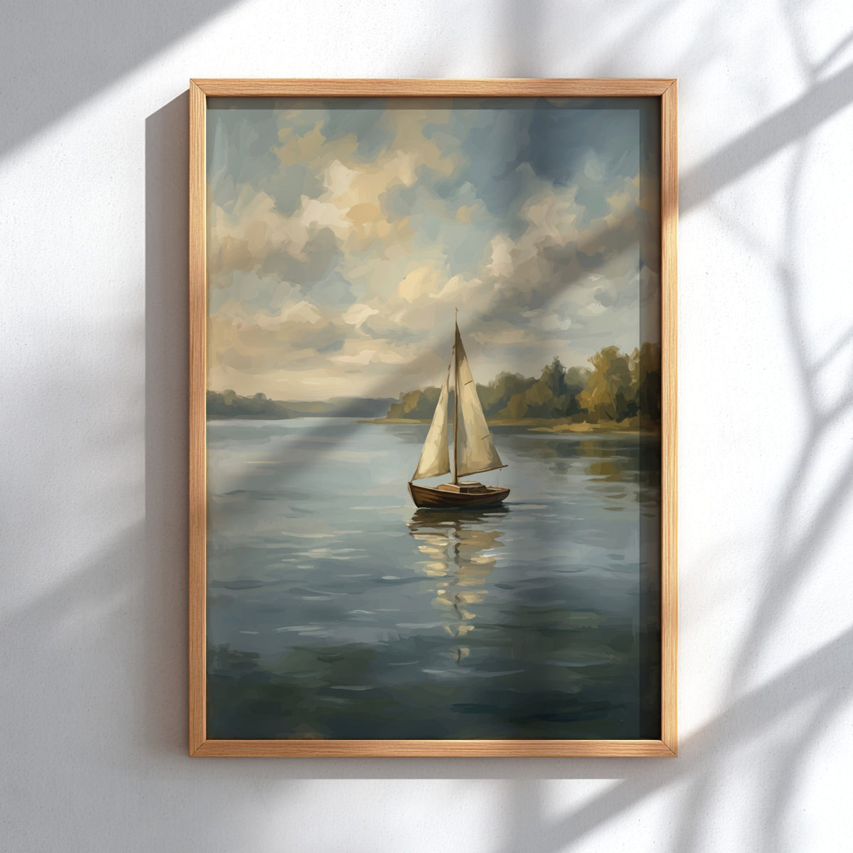 Poster featuring a sailboat drifting on a calm lake under a soft grey sky.