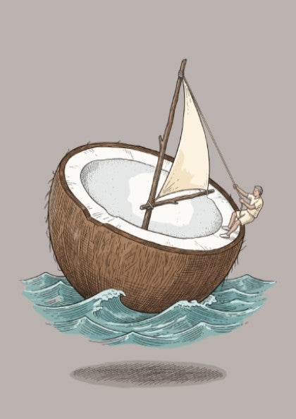 Poster featuring a whimsical coconut shell boat with a sail on turquoise waves