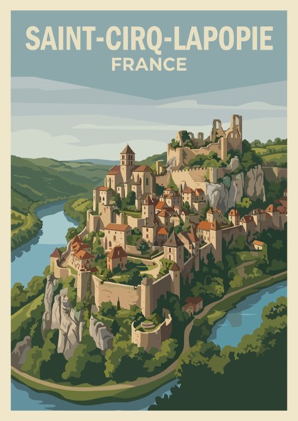 Poster of Saint-Cirq-Lapopie France featuring a medieval village on a cliff above river.