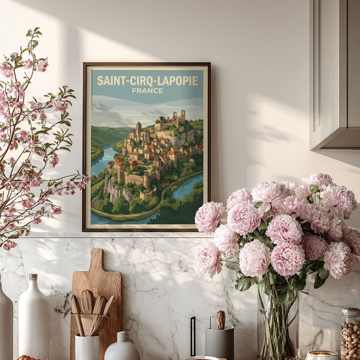 Poster of Saint-Cirq-Lapopie France featuring a medieval village on a cliff above river.