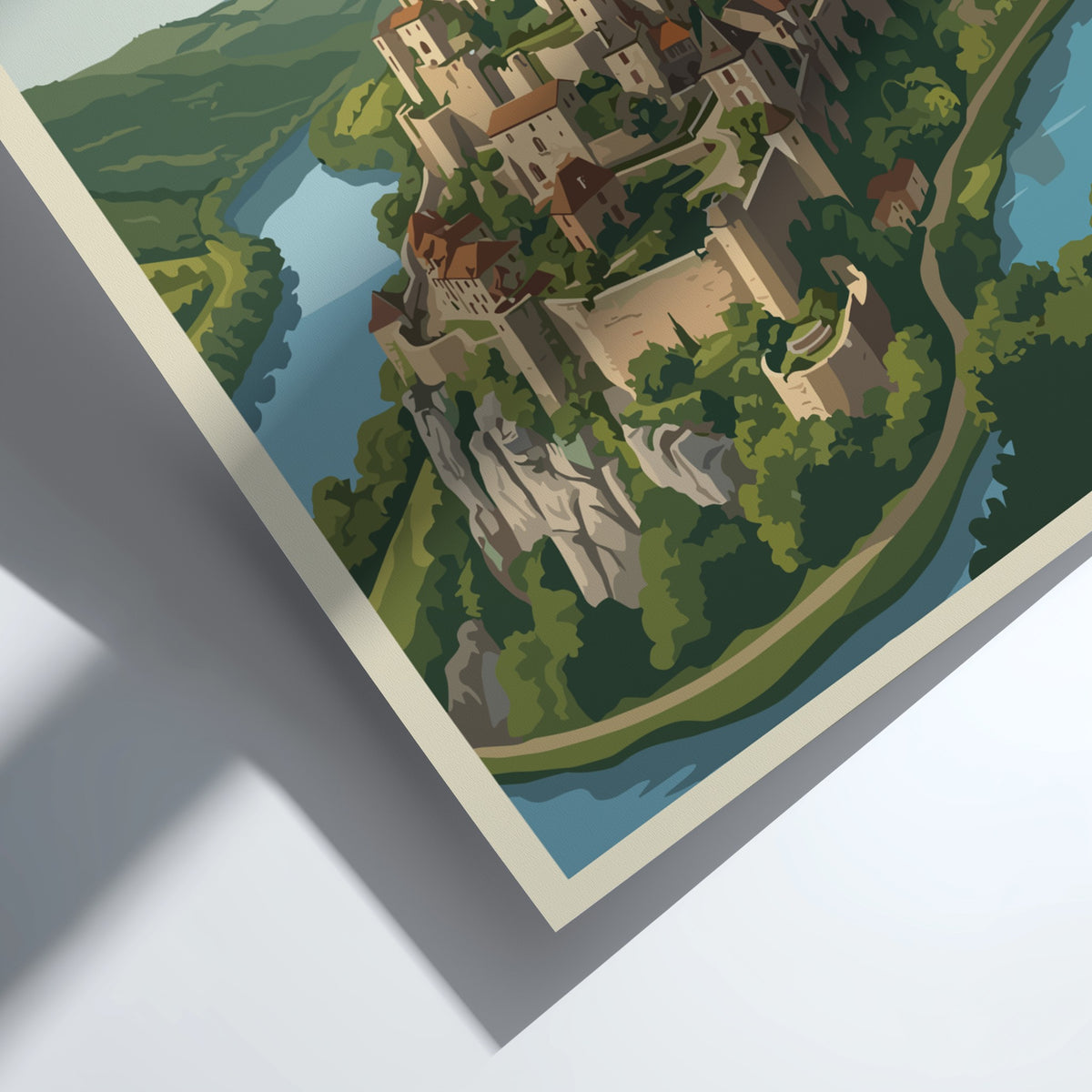 Poster of Saint-Cirq-Lapopie France featuring a medieval village on a cliff above river.