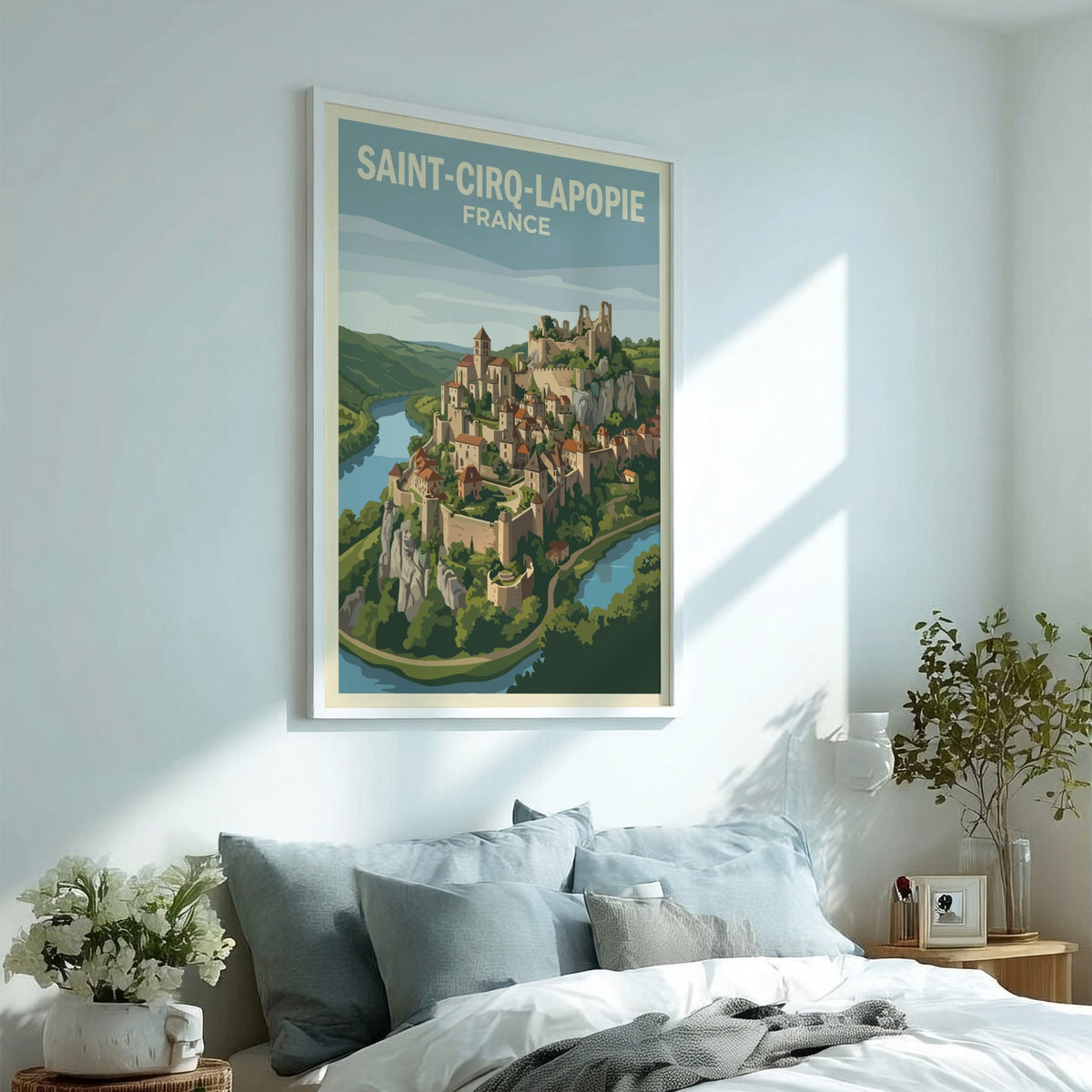Poster of Saint-Cirq-Lapopie France featuring a medieval village on a cliff above river.