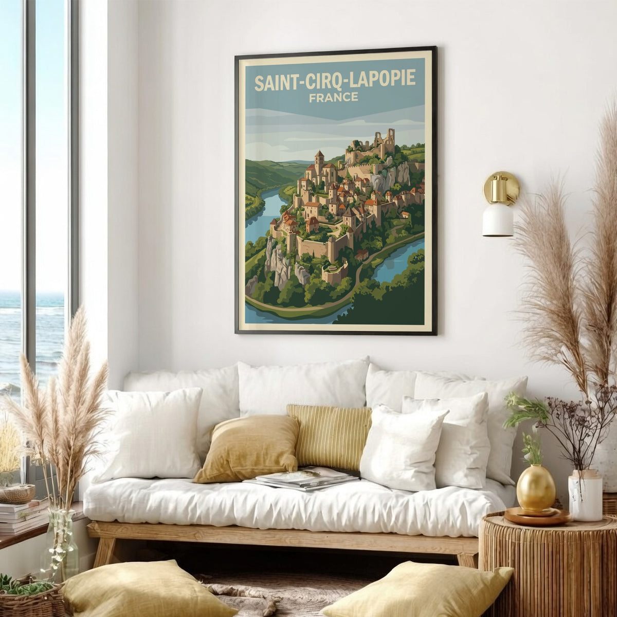 Poster of Saint-Cirq-Lapopie France featuring a medieval village on a cliff above river.
