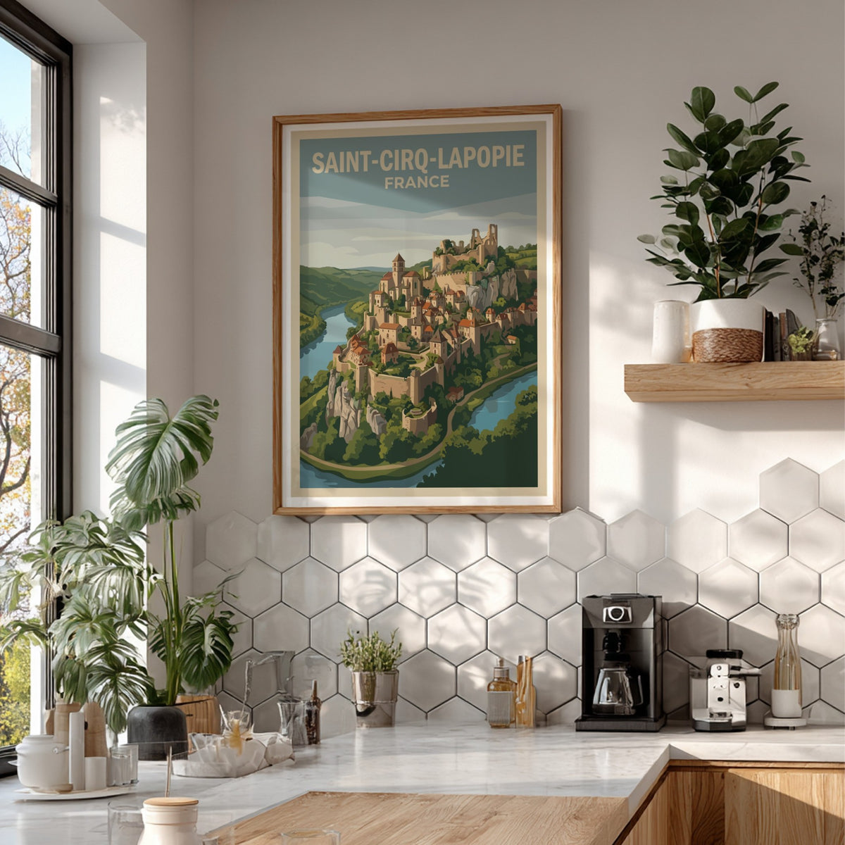 Poster of Saint-Cirq-Lapopie France featuring a medieval village on a cliff above river.