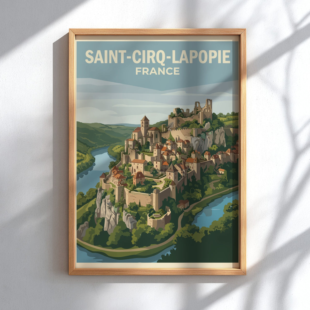 Poster of Saint-Cirq-Lapopie France featuring a medieval village on a cliff above river.