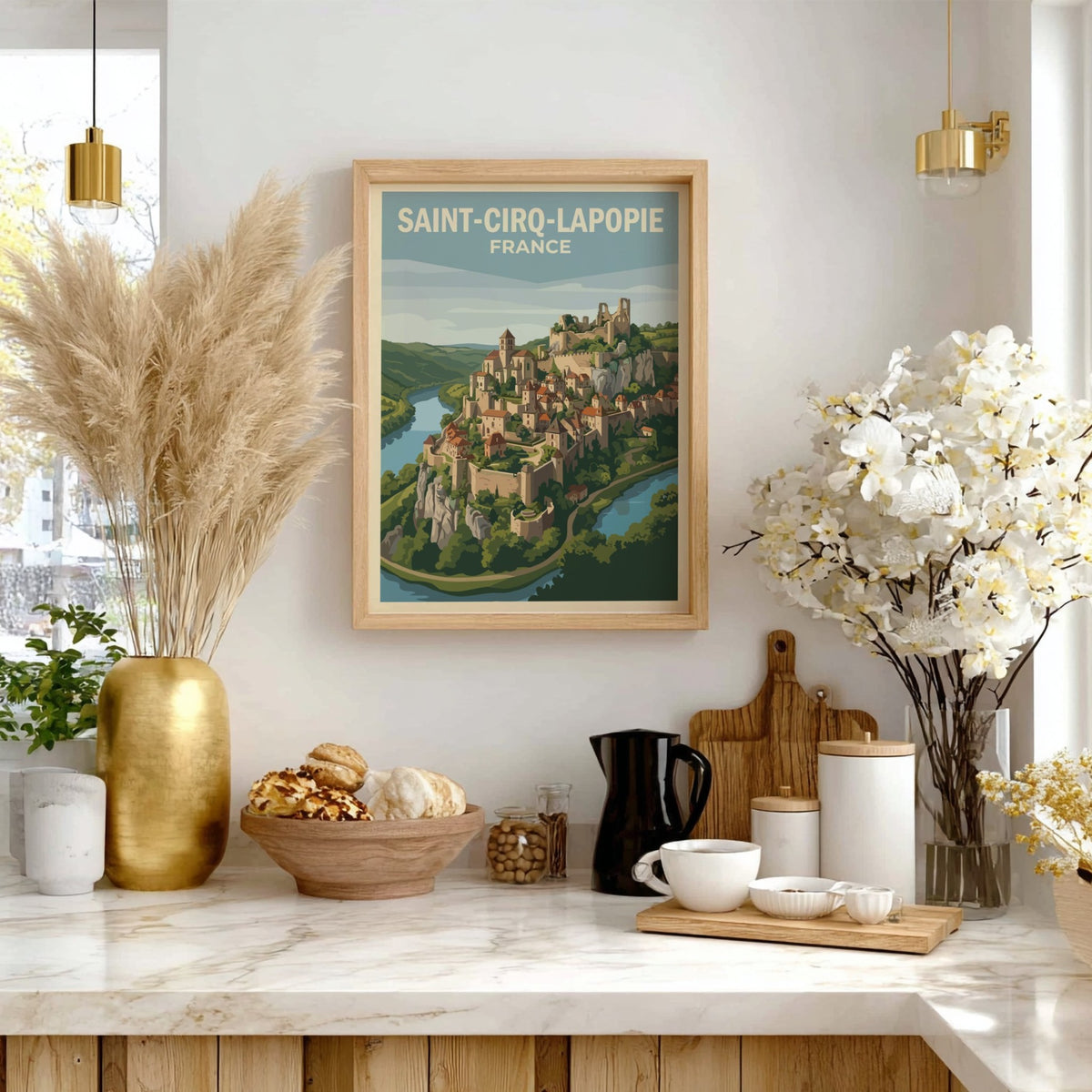 Poster of Saint-Cirq-Lapopie France featuring a medieval village on a cliff above river.