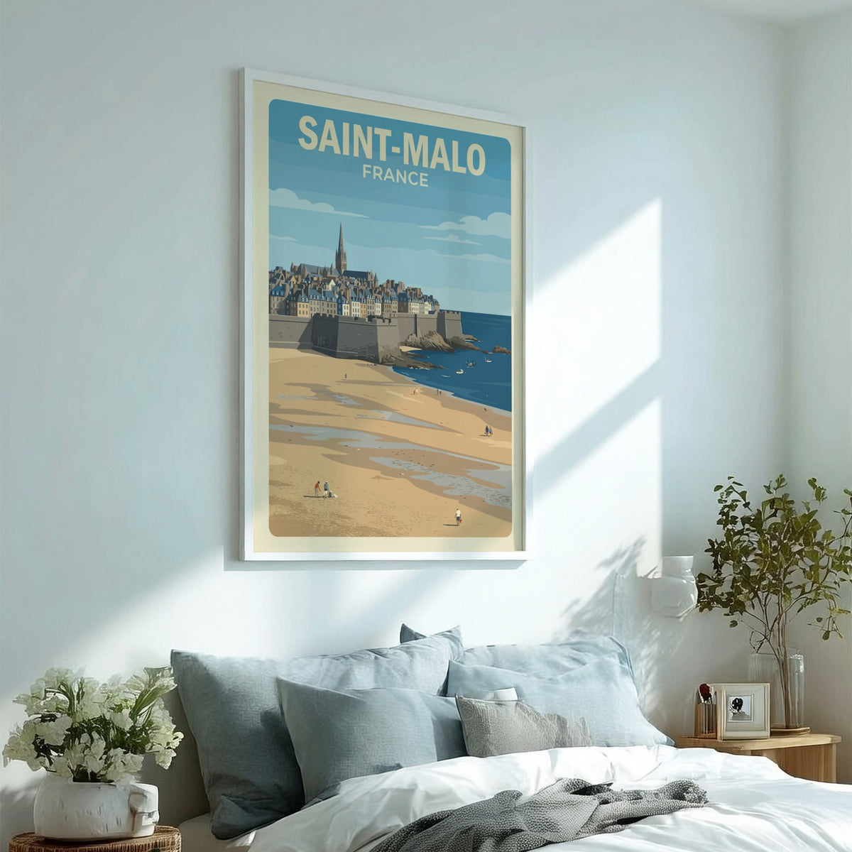 Poster of Saint-Malo France featuring historic stone walls, a cathedral spire, and beach.