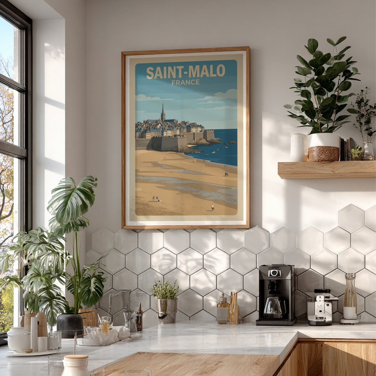 Poster of Saint-Malo France featuring historic stone walls, a cathedral spire, and beach.